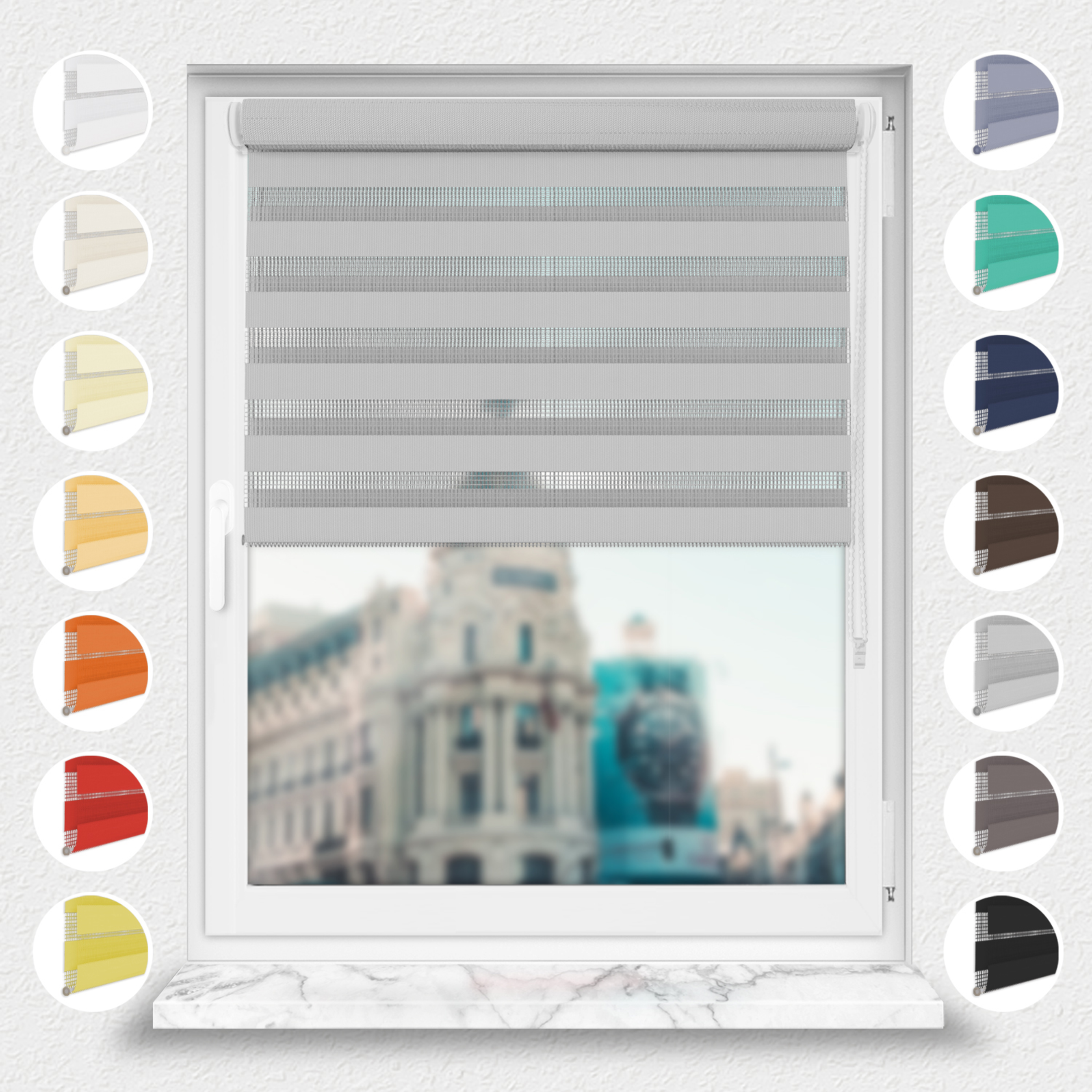 Nowoczesne rolety Rząska® na wymiar, kolekcja Dzień i Noc, uchwyty bezinwazyjne i inwazyjne 2w1 w kolorze Pochmurny dzień, szarym z profilem białym.