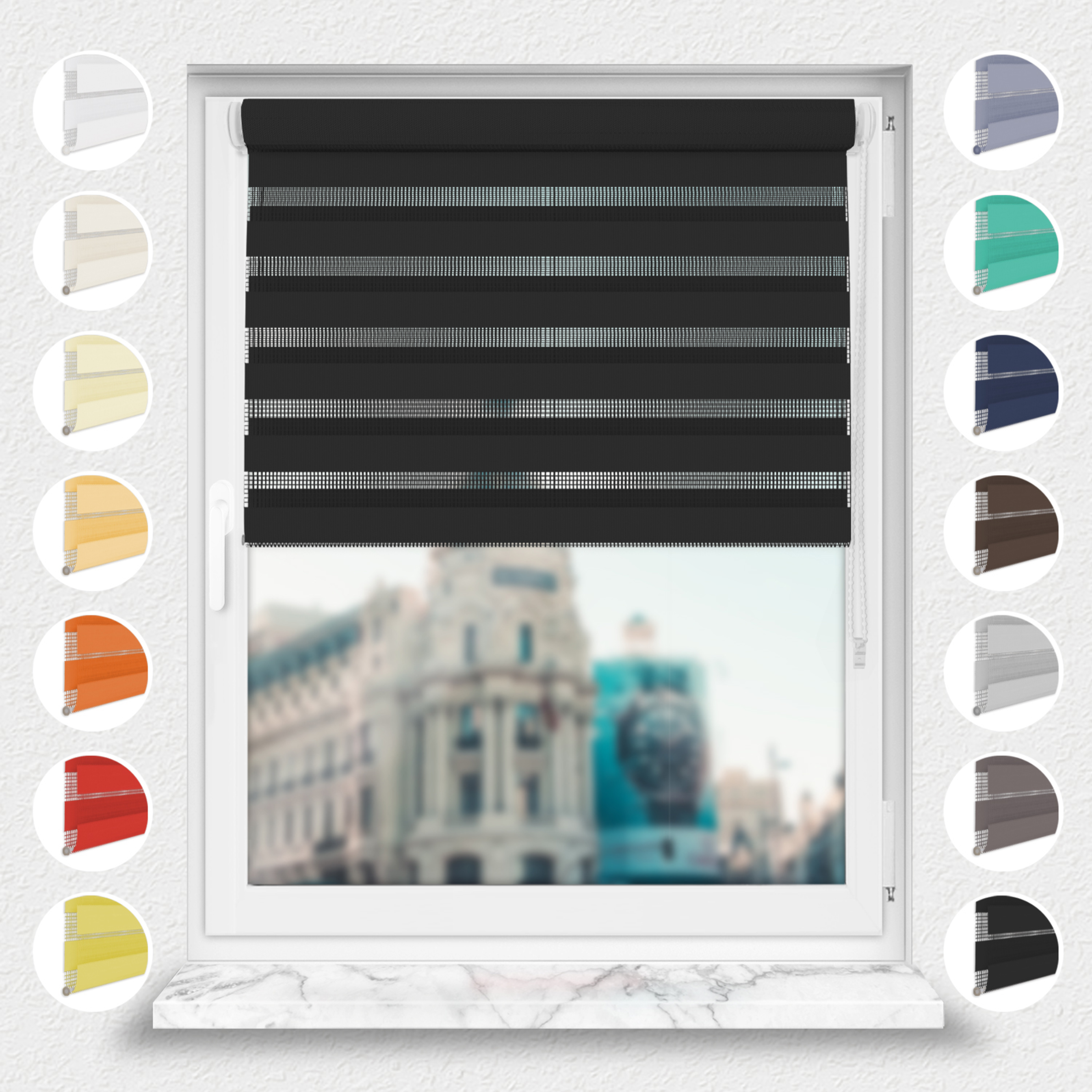 Nowoczesne rolety Rząska® na wymiar, kolekcja Dzień i Noc, uchwyty bezinwazyjne i inwazyjne 2w1 w kolorze Czarna flaga, czarnym z profilem białym.