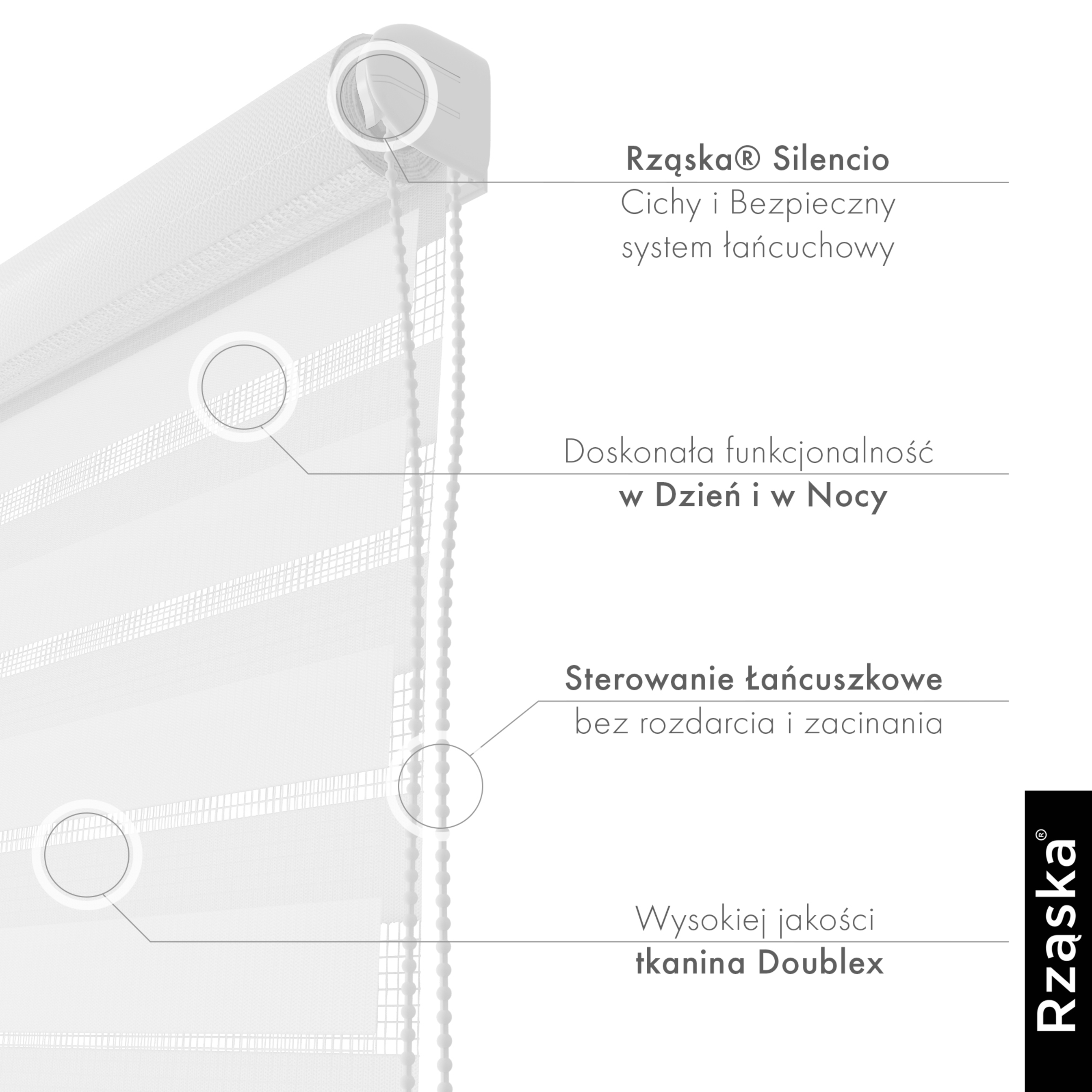 Nowoczesne rolety Rząska® na wymiar, kolekcja Dzień i Noc, uchwyty bezinwazyjne i inwazyjne 2w1 w kolorze Biały śnieg, białym z profilem brązowym.
