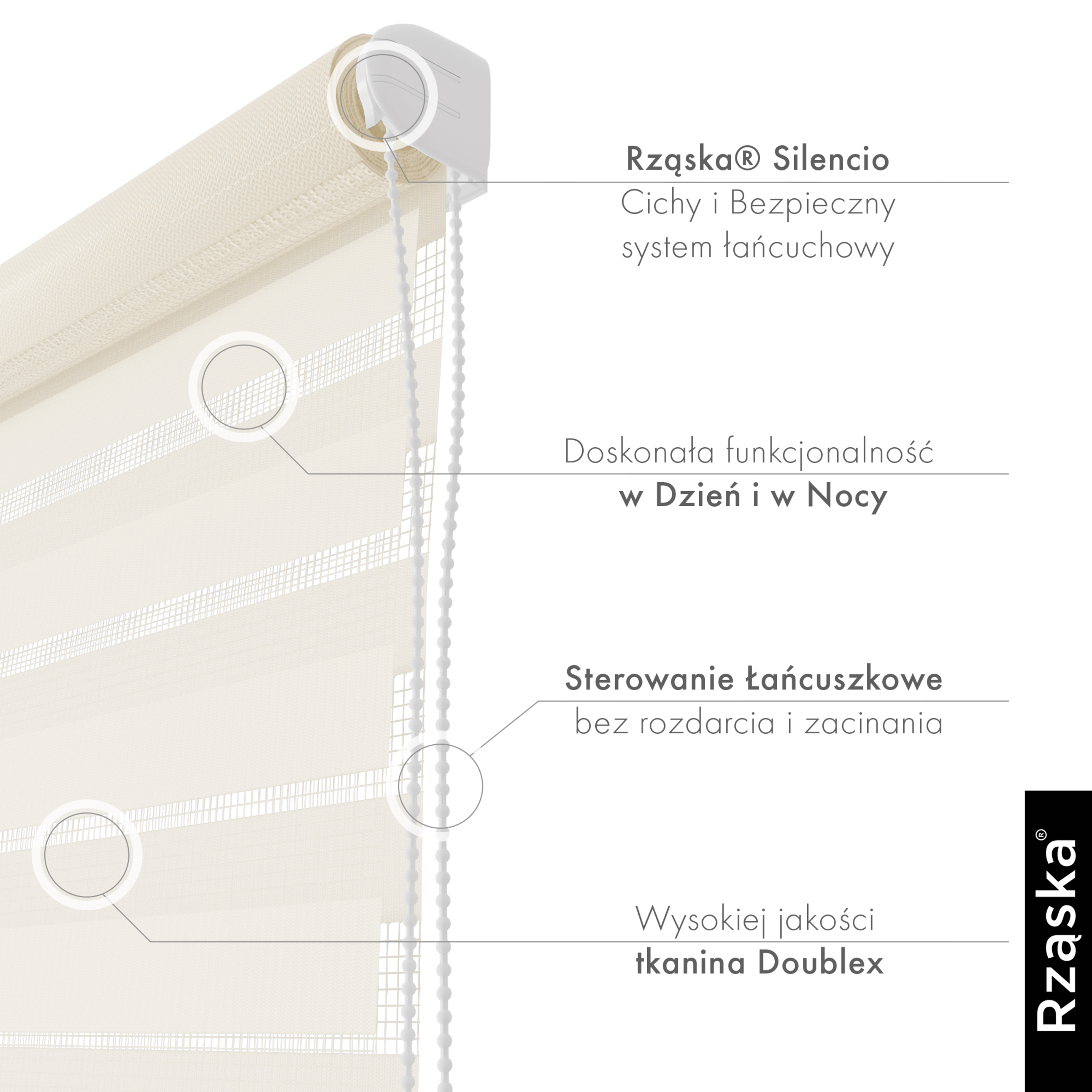 Nowoczesne rolety Rząska® na wymiar, kolekcja Dzień i Noc, uchwyty bezinwazyjne i inwazyjne 2w1 w kolorze Ciastko kremowe, beżowym z profilem czarnym.