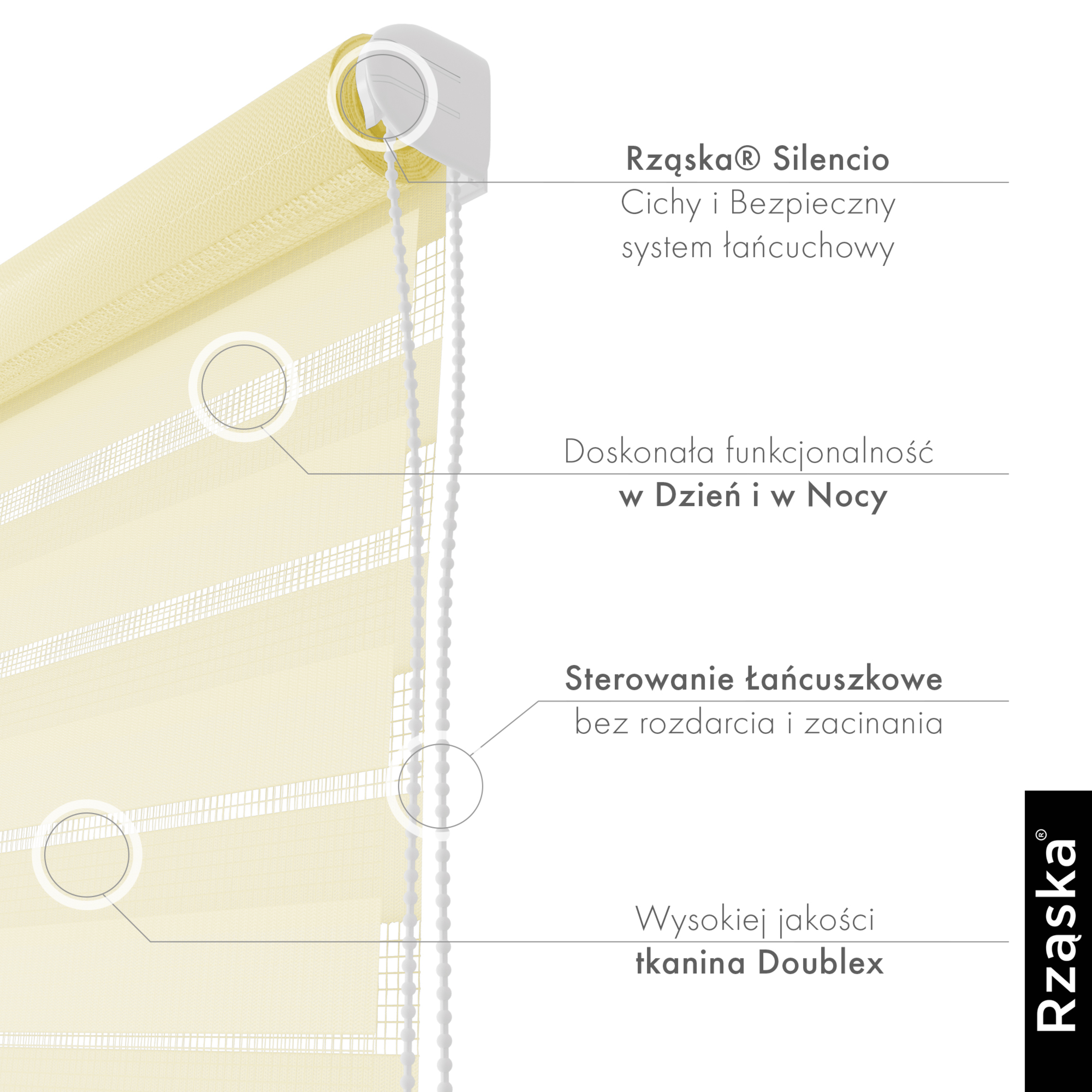 Nowoczesne rolety Rząska® na wymiar, kolekcja Dzień i Noc, uchwyty bezinwazyjne i inwazyjne 2w1 w kolorze Jasna morela, beżowym z profilem brązowym.