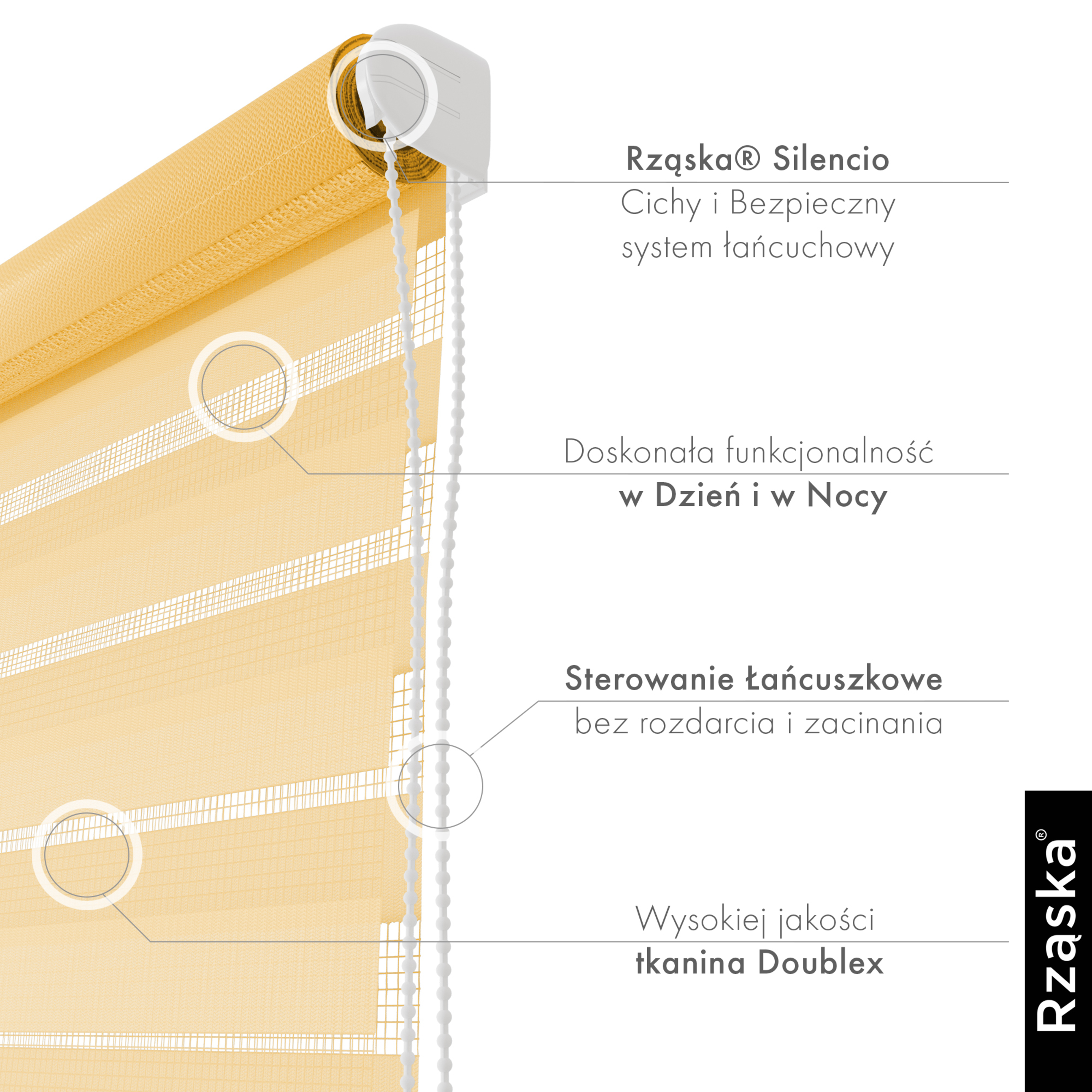 Nowoczesne rolety Rząska® na wymiar, kolekcja Dzień i Noc, uchwyty bezinwazyjne i inwazyjne 2w1 w kolorze Zamek z piasku, beżowym z profilem białym.