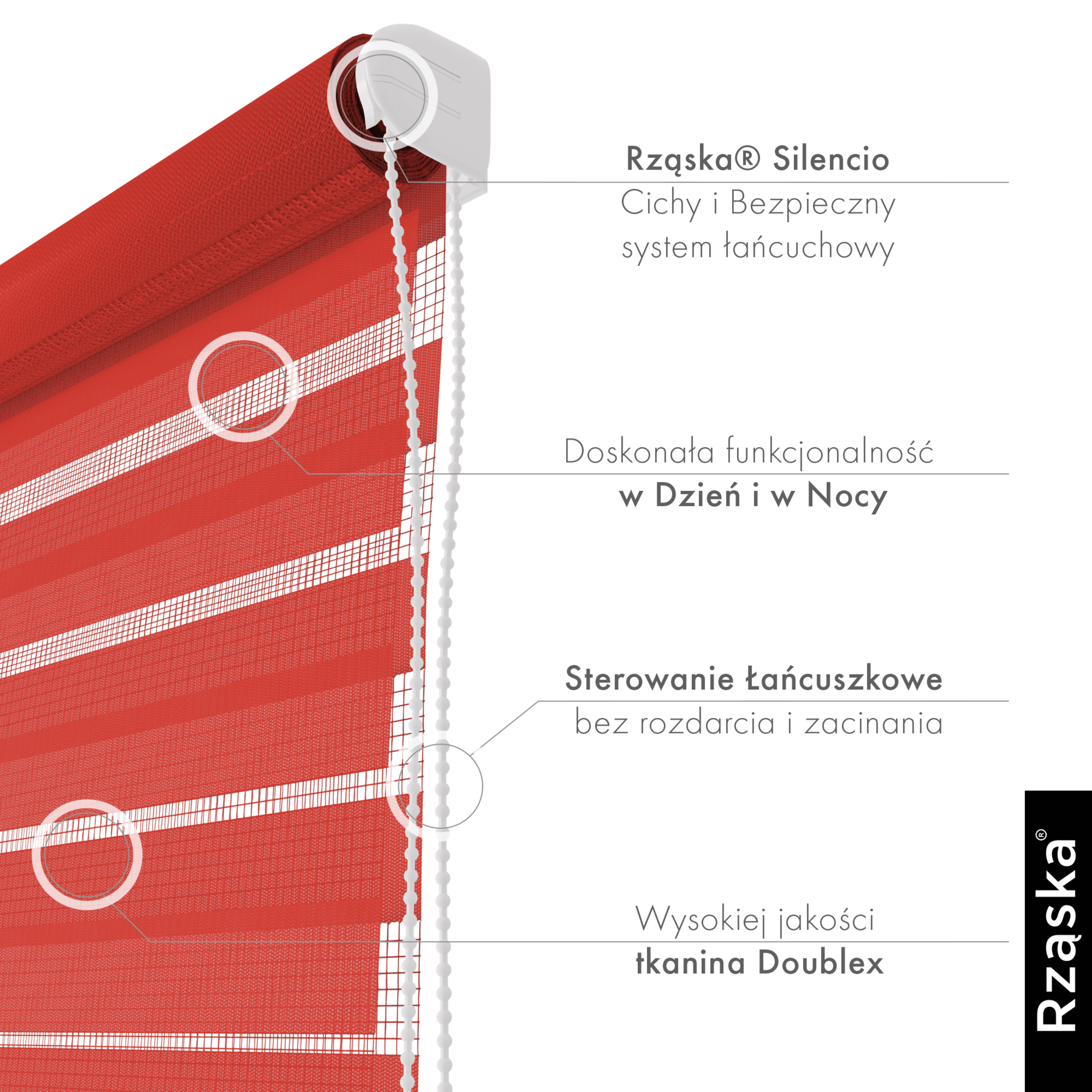 Nowoczesne rolety Rząska® na wymiar, kolekcja Dzień i Noc, uchwyty bezinwazyjne i inwazyjne 2w1 w kolorze Czerwona róża, czerwonym z profilem brązowym.