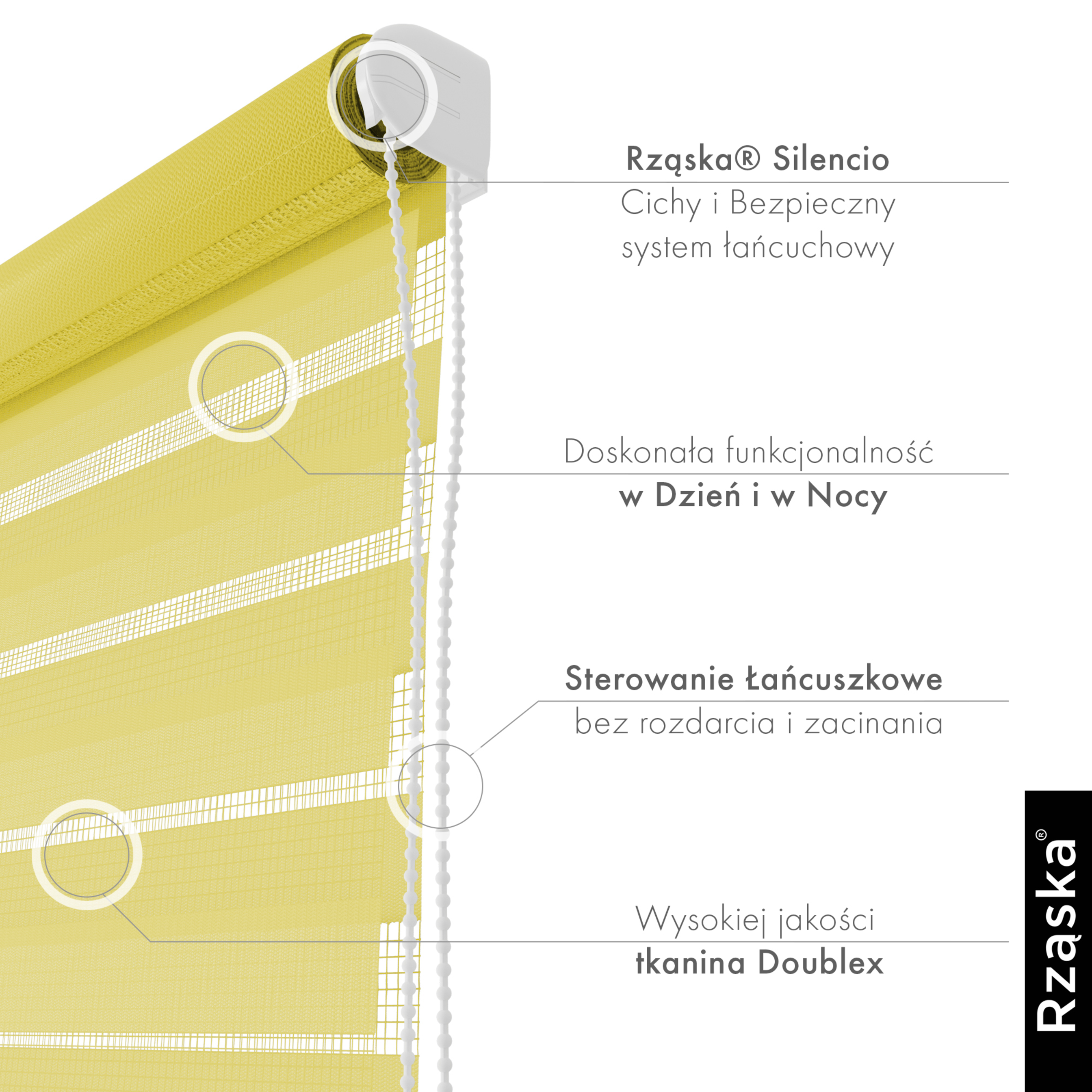 Nowoczesne rolety Rząska® na wymiar, kolekcja Dzień i Noc, uchwyty bezinwazyjne i inwazyjne 2w1 w kolorze Kwańna Limonka, żółtym z profilem białym.