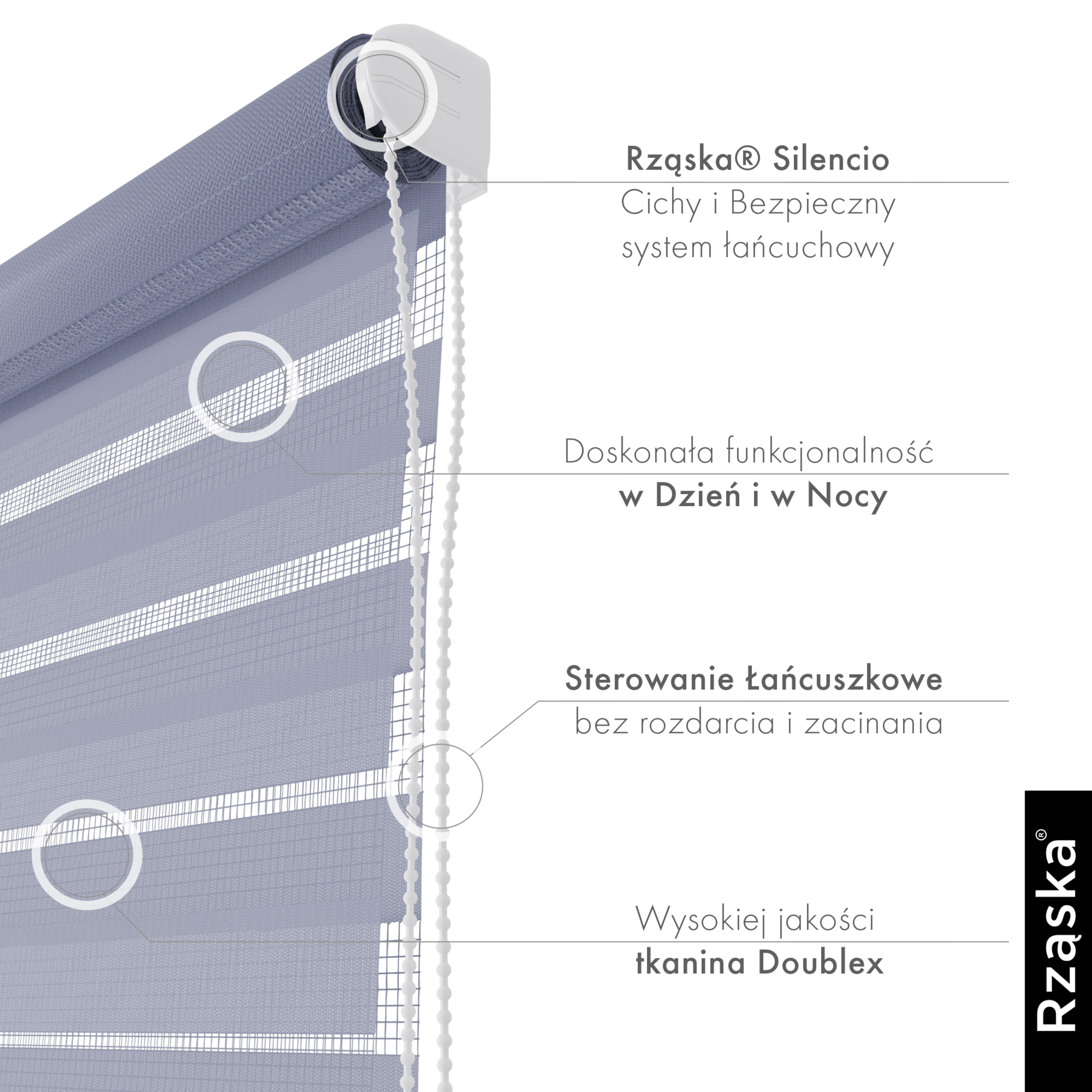 Nowoczesne rolety Rząska® na wymiar, kolekcja Dzień i Noc, uchwyty bezinwazyjne i inwazyjne 2w1 w kolorze Kwitnący irys, fioletowym z profilem białym.