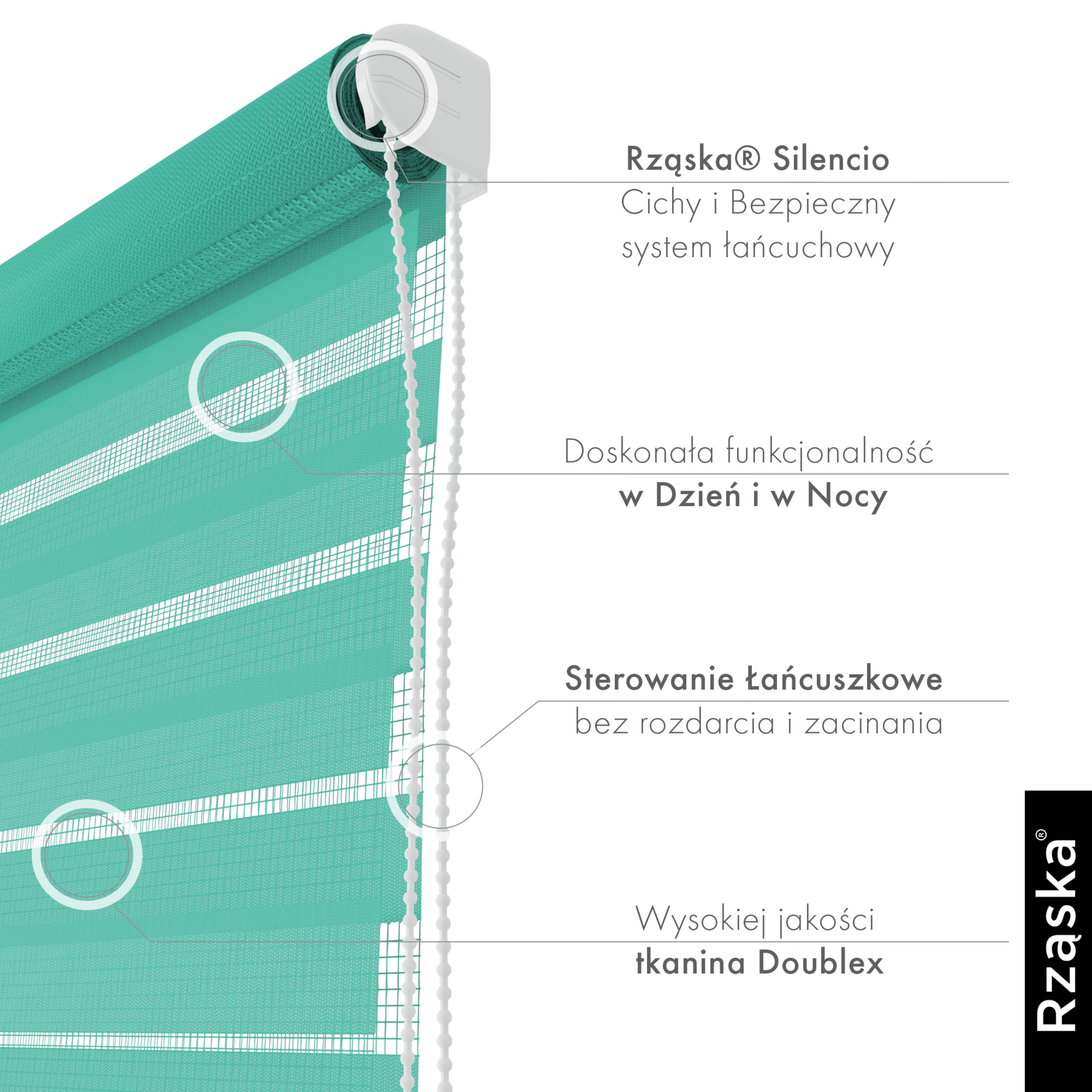 Nowoczesne rolety Rząska® na wymiar, kolekcja Dzień i Noc, uchwyty bezinwazyjne i inwazyjne 2w1 w kolorze Morskie oko, różowym z profilem białym.