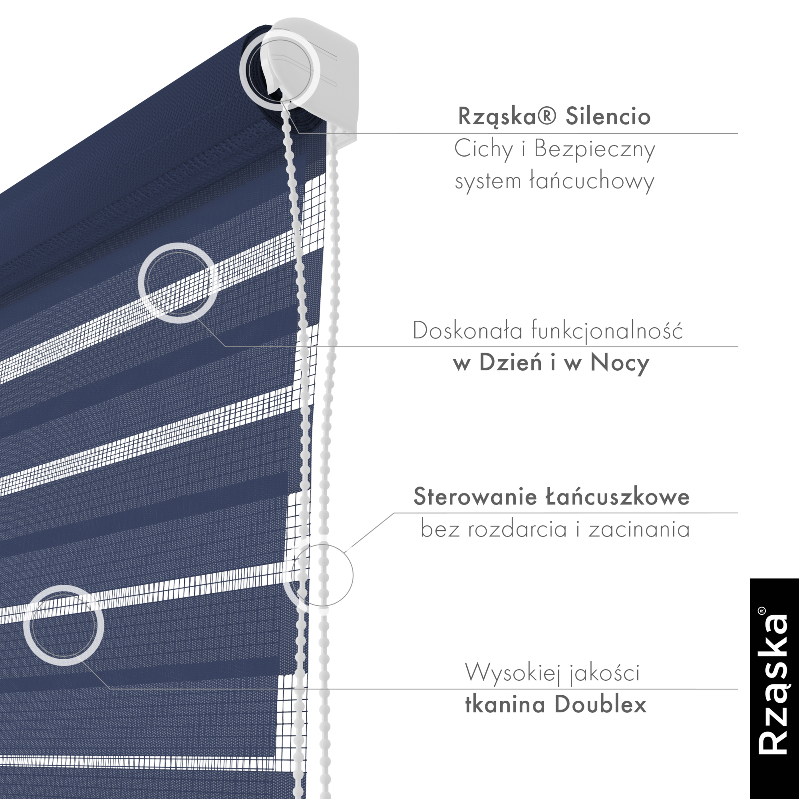 Nowoczesne rolety Rząska® na wymiar, kolekcja Dzień i Noc, uchwyty bezinwazyjne i inwazyjne 2w1 w kolorze Lazurowe wybrzeże, ciemnoniebieskim z profilem białym.