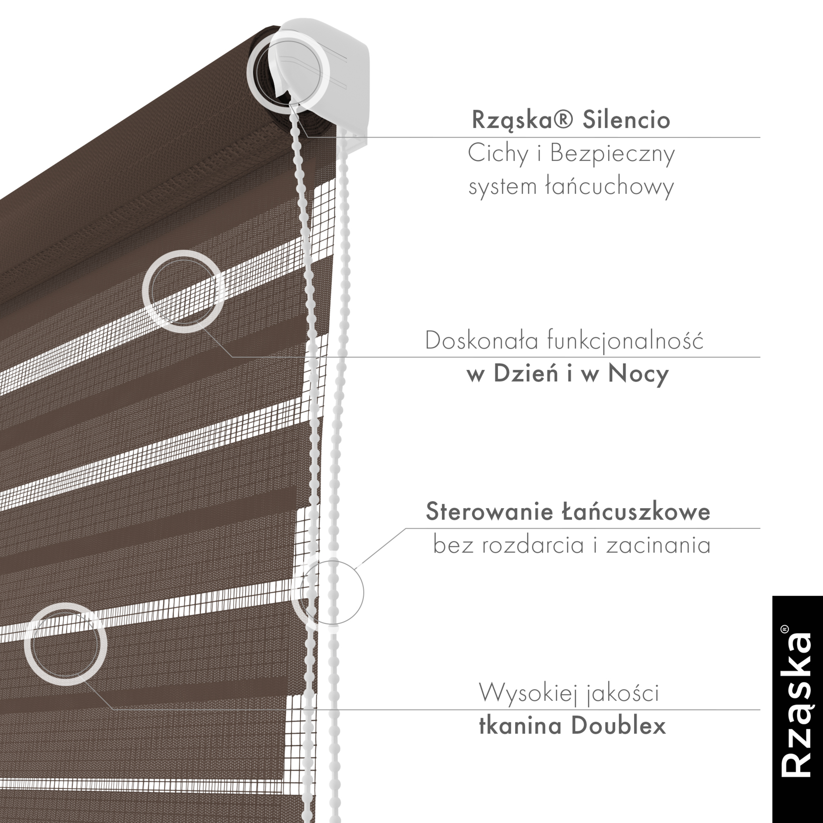Nowoczesne rolety Rząska® na wymiar, kolekcja Dzień i Noc, uchwyty bezinwazyjne i inwazyjne 2w1 w kolorze Ciemna czekolada, brązowym z profilem białym.
