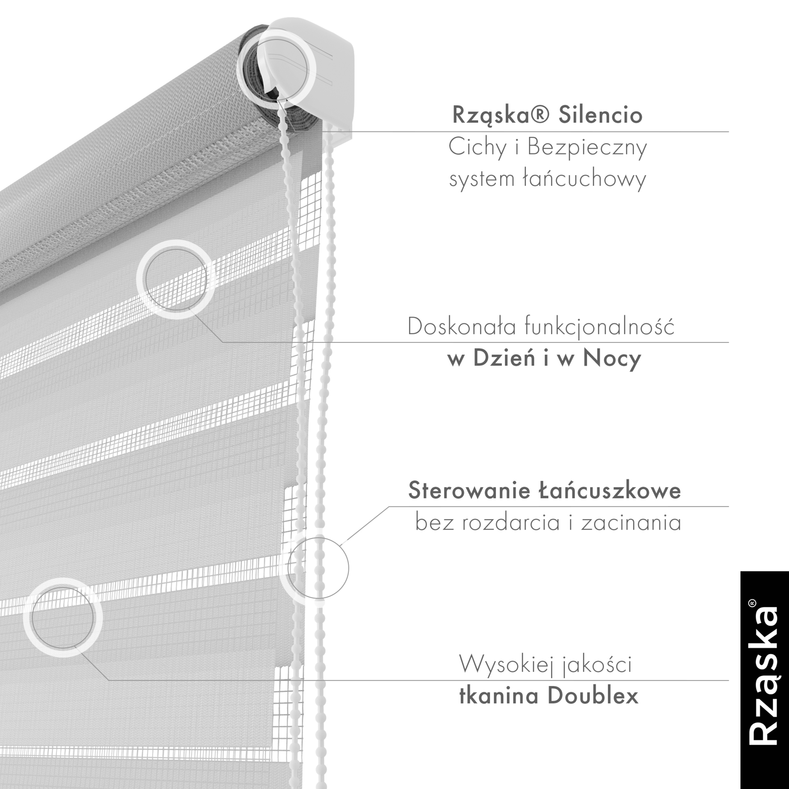 Nowoczesne rolety Rząska® na wymiar, kolekcja Dzień i Noc, uchwyty bezinwazyjne i inwazyjne 2w1 w kolorze Pochmurny dzień, szarym z profilem białym.