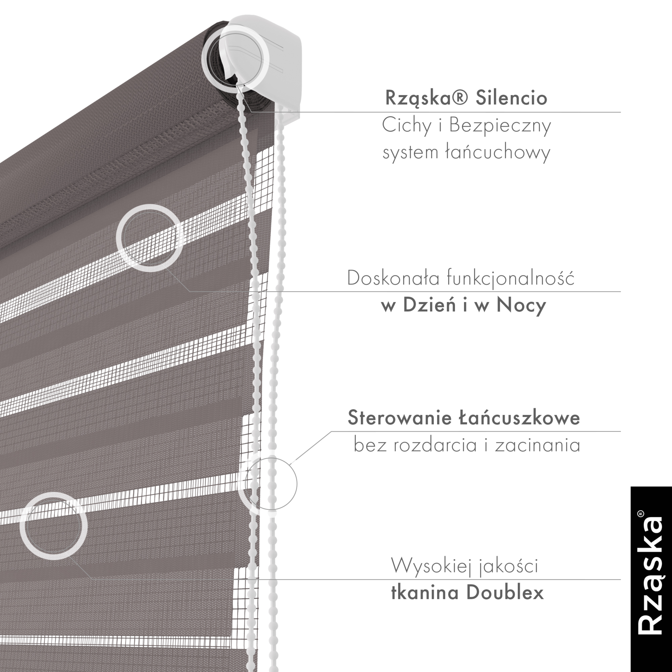 Nowoczesne rolety Rząska® na wymiar, kolekcja Dzień i Noc, uchwyty bezinwazyjne i inwazyjne 2w1 w kolorze Szary ołów, szarym z profilem białym.