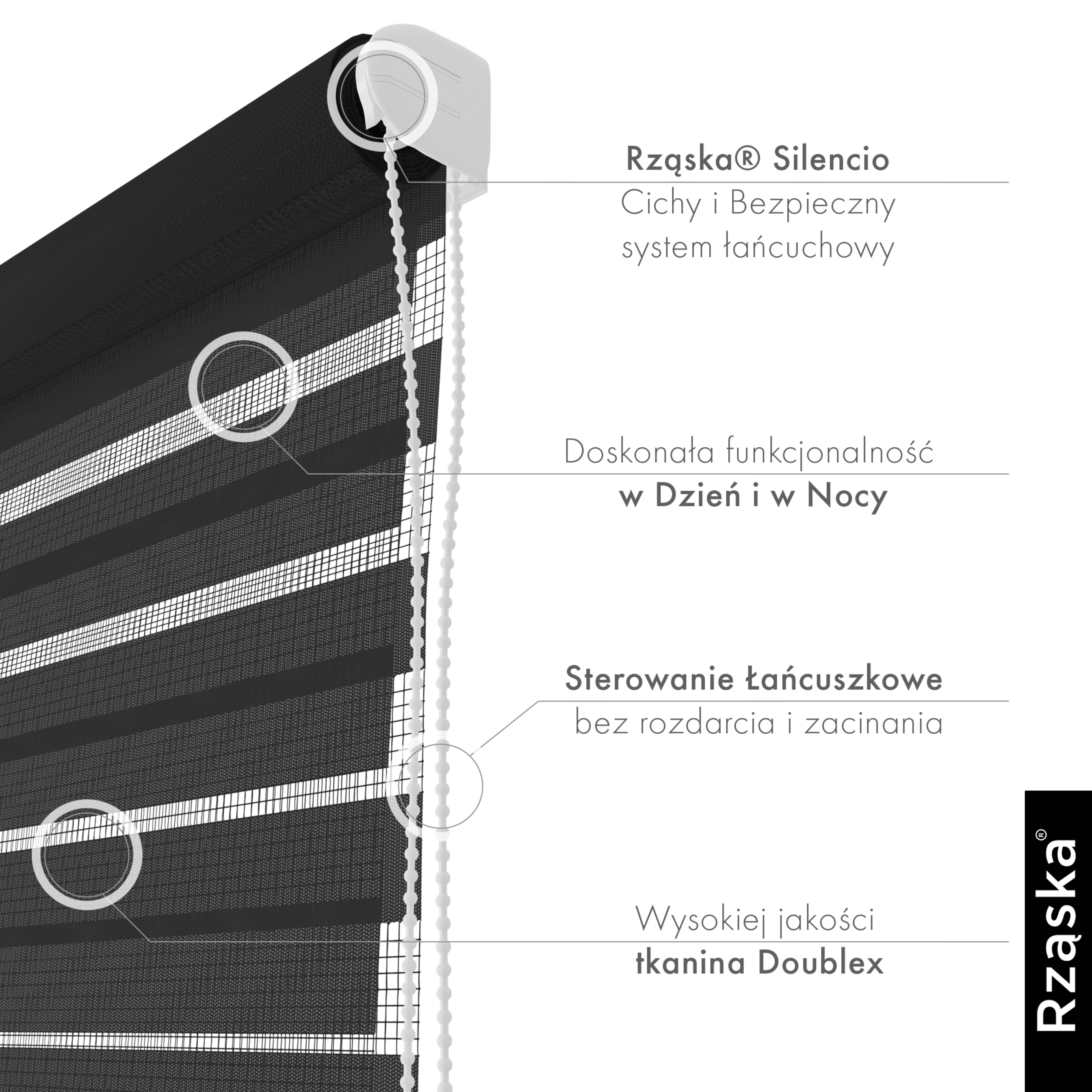 Nowoczesne rolety Rząska® na wymiar, kolekcja Dzień i Noc, uchwyty bezinwazyjne i inwazyjne 2w1 w kolorze Czarna flaga, czarnym z profilem białym.