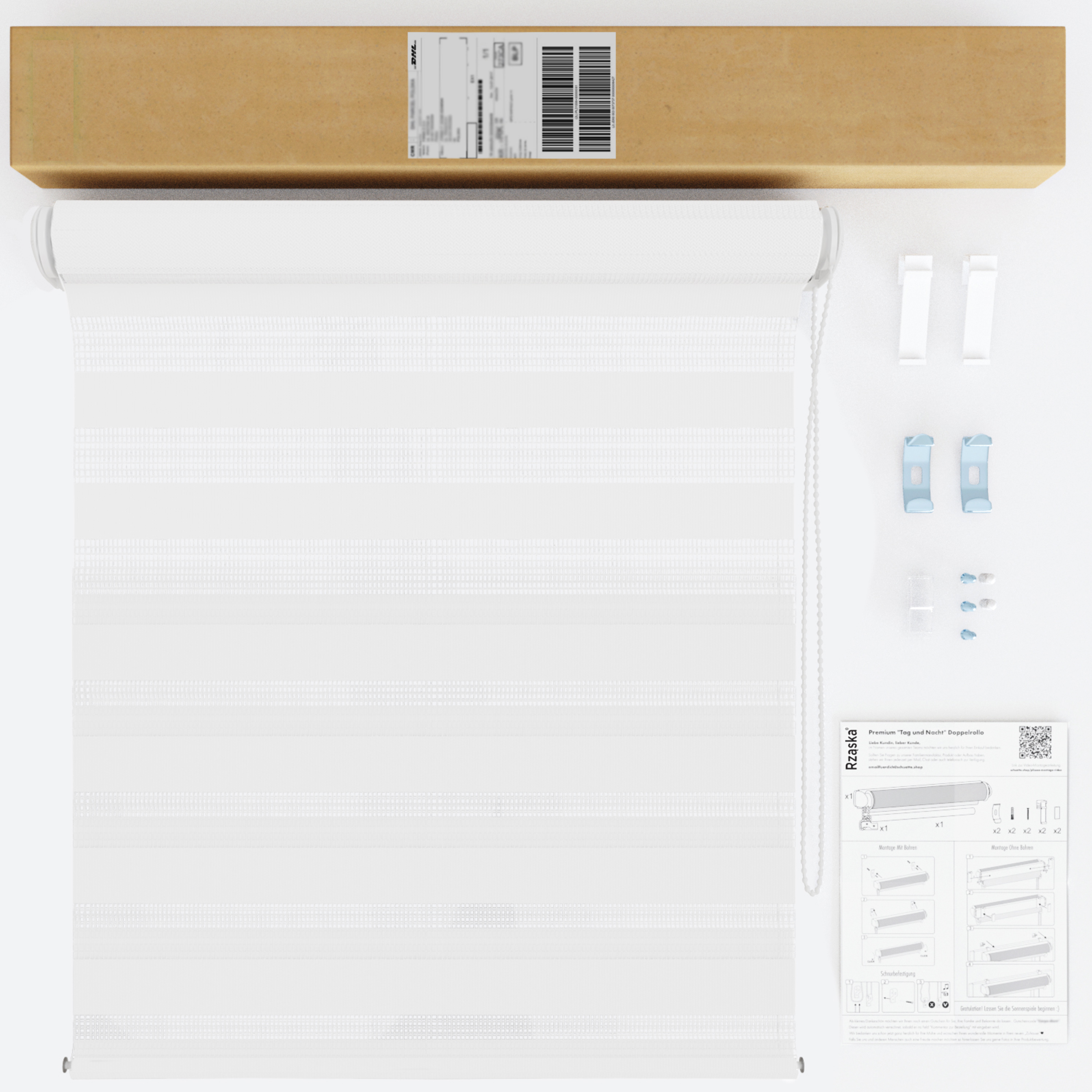 Nowoczesne rolety Rząska® na wymiar, kolekcja Dzień i Noc, uchwyty bezinwazyjne i inwazyjne 2w1 w kolorze Biały śnieg, białym z profilem białym.