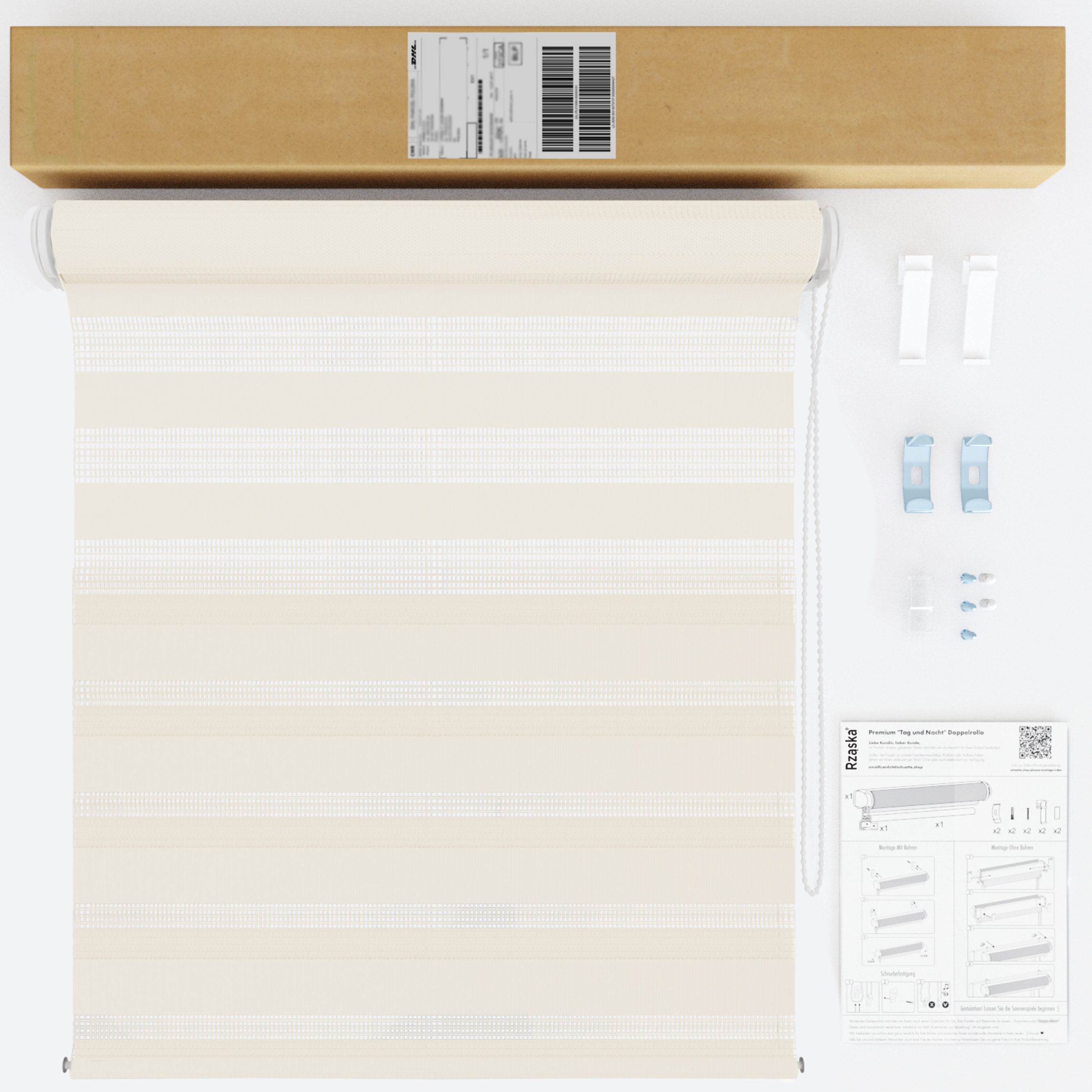 Nowoczesne rolety Rząska® na wymiar, kolekcja Dzień i Noc, uchwyty bezinwazyjne i inwazyjne 2w1 w kolorze Ciastko kremowe, beżowym z profilem szarym.
