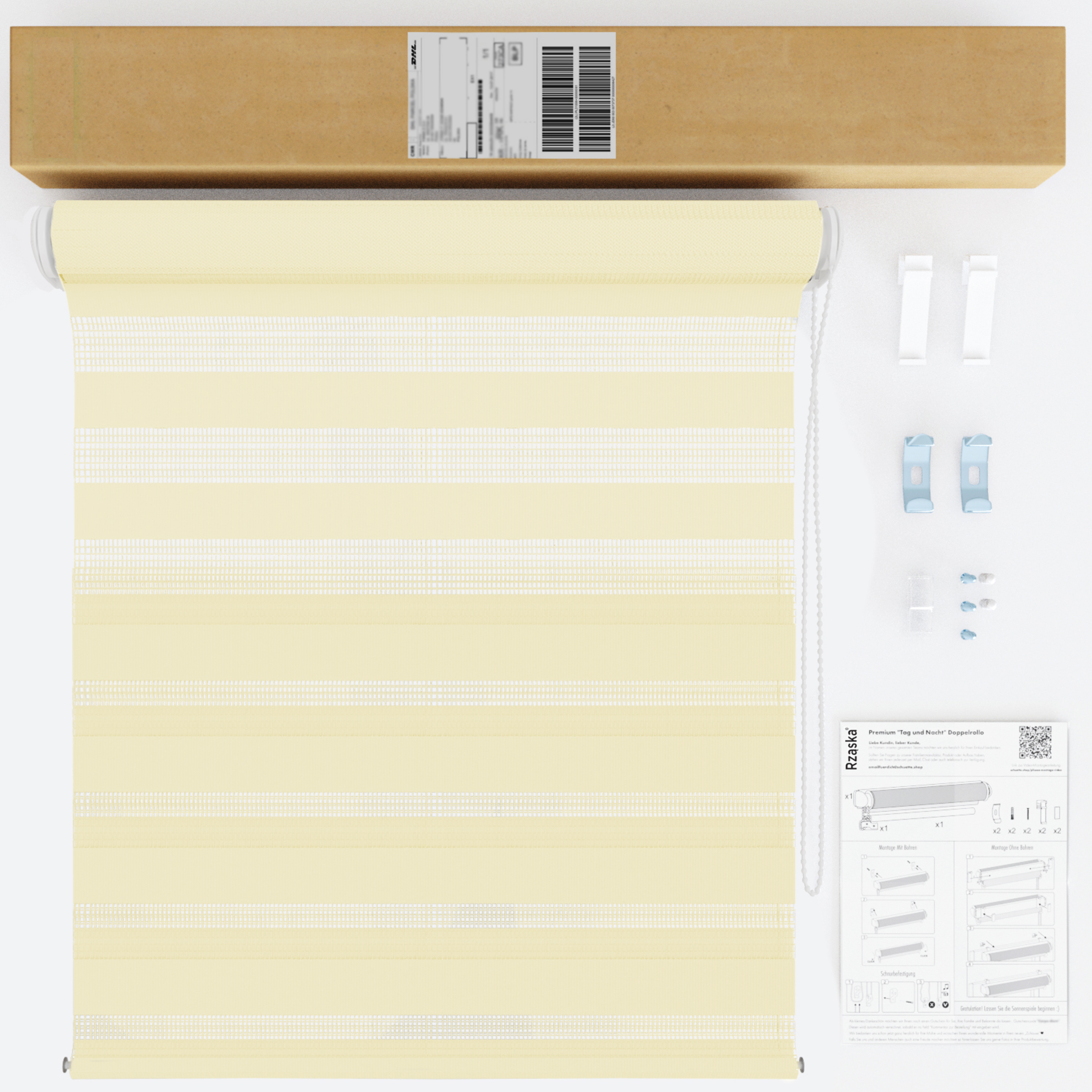 Nowoczesne rolety Rząska® na wymiar, kolekcja Dzień i Noc, uchwyty bezinwazyjne i inwazyjne 2w1 w kolorze Jasna morela, beżowym z profilem szarym.