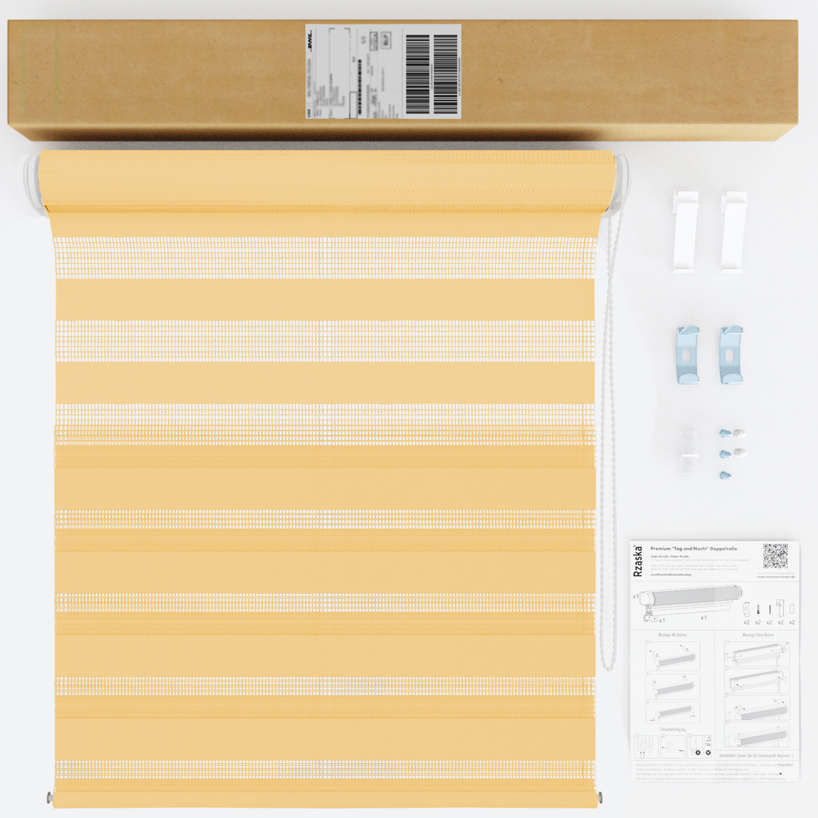 Nowoczesne rolety Rząska® na wymiar, kolekcja Dzień i Noc, uchwyty bezinwazyjne i inwazyjne 2w1 w kolorze Zamek z piasku, beżowym z profilem białym.