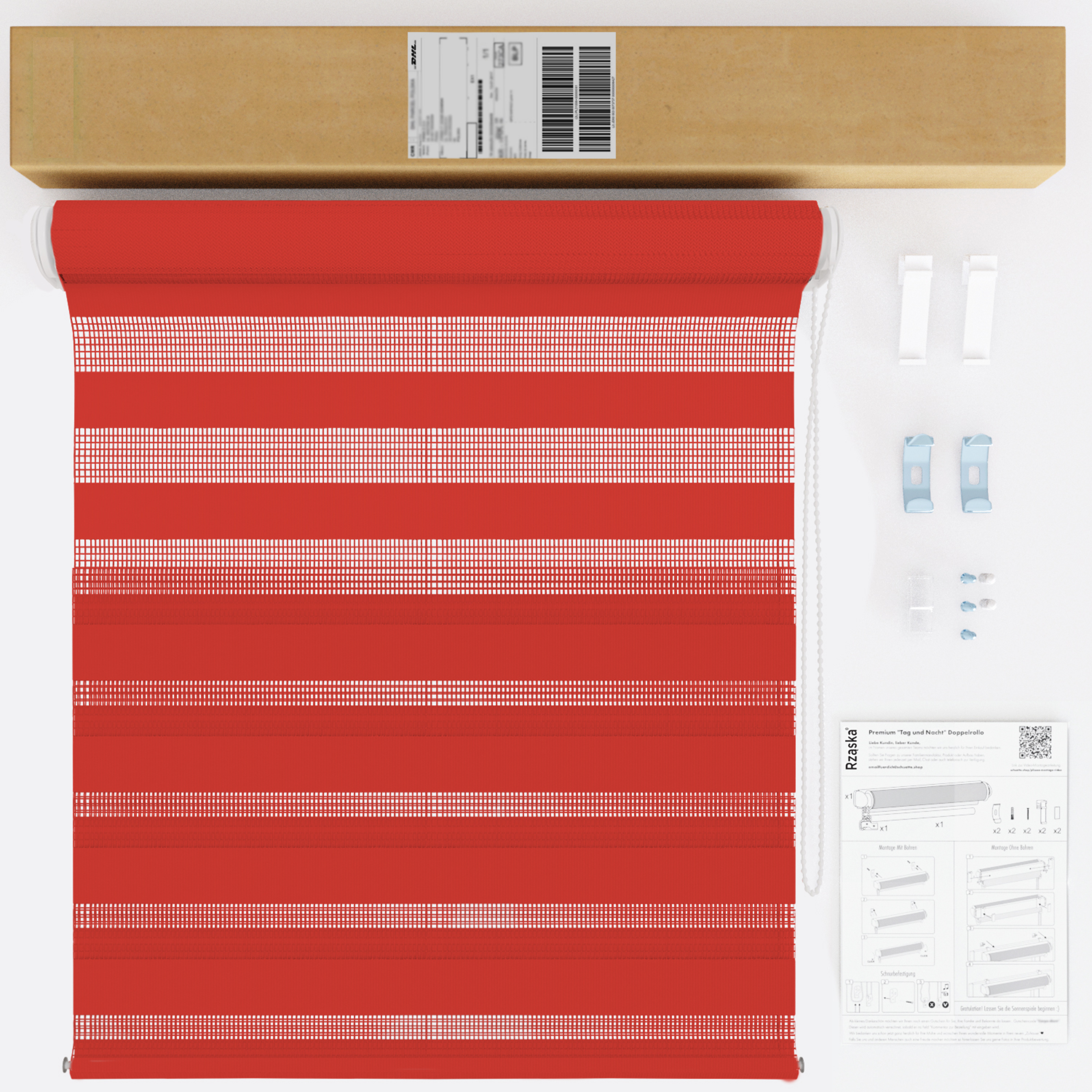 Nowoczesne rolety Rząska® na wymiar, kolekcja Dzień i Noc, uchwyty bezinwazyjne i inwazyjne 2w1 w kolorze Czerwona róża, czerwonym z profilem brązowym.