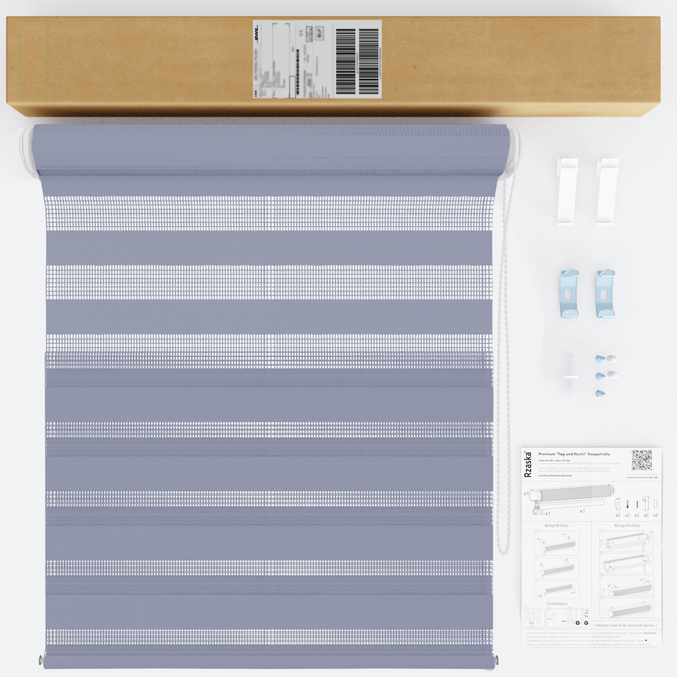 Nowoczesne rolety Rząska® na wymiar, kolekcja Dzień i Noc, uchwyty bezinwazyjne i inwazyjne 2w1 w kolorze Kwitnący irys, fioletowym z profilem białym.