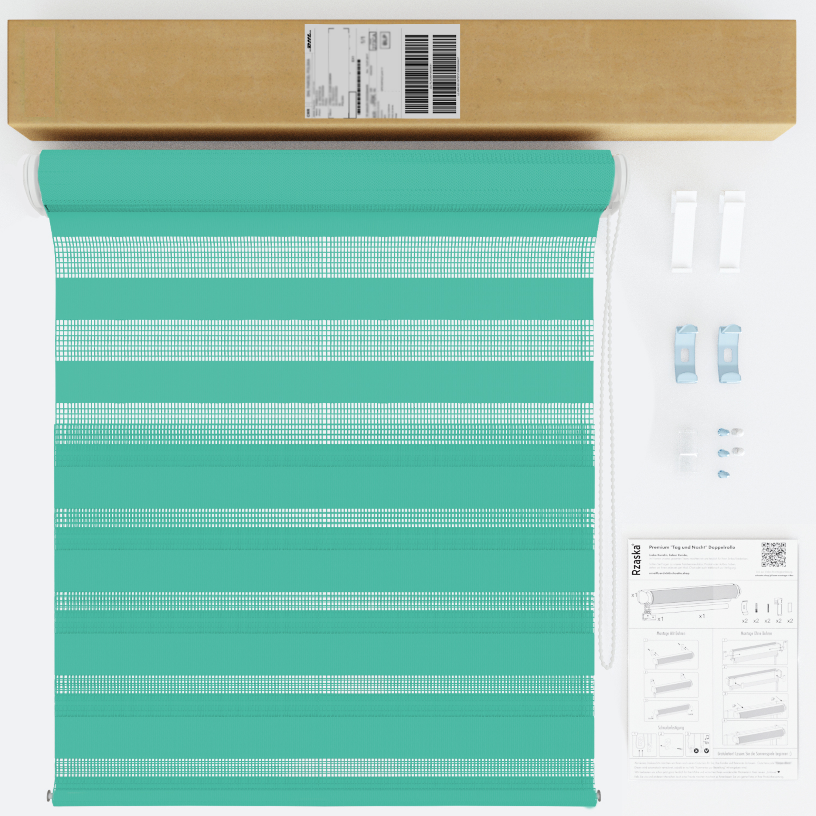 Nowoczesne rolety Rząska® na wymiar, kolekcja Dzień i Noc, uchwyty bezinwazyjne i inwazyjne 2w1 w kolorze Morskie oko, różowym z profilem białym.