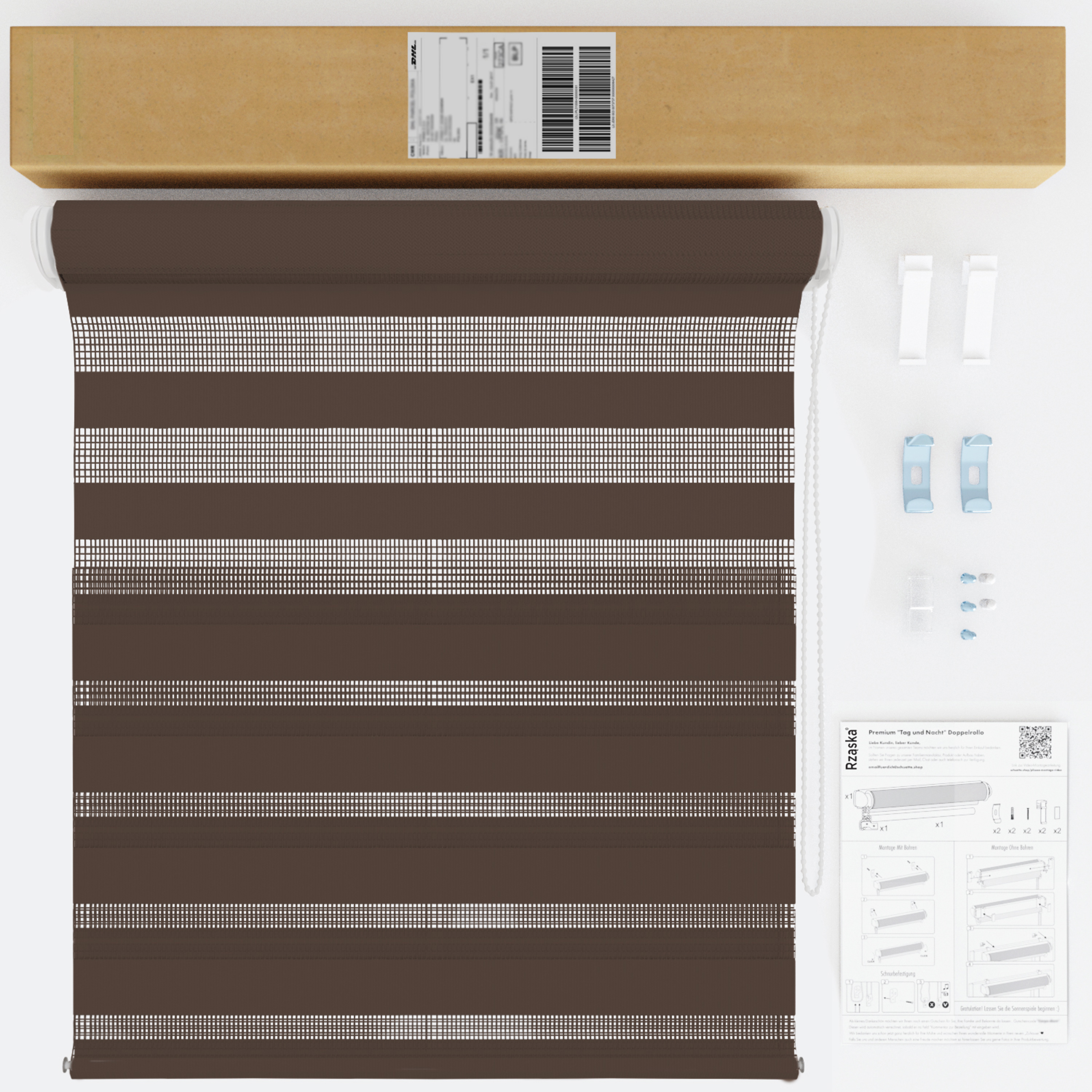 Nowoczesne rolety Rząska® na wymiar, kolekcja Dzień i Noc, uchwyty bezinwazyjne i inwazyjne 2w1 w kolorze Ciemna czekolada, brązowym z profilem białym.