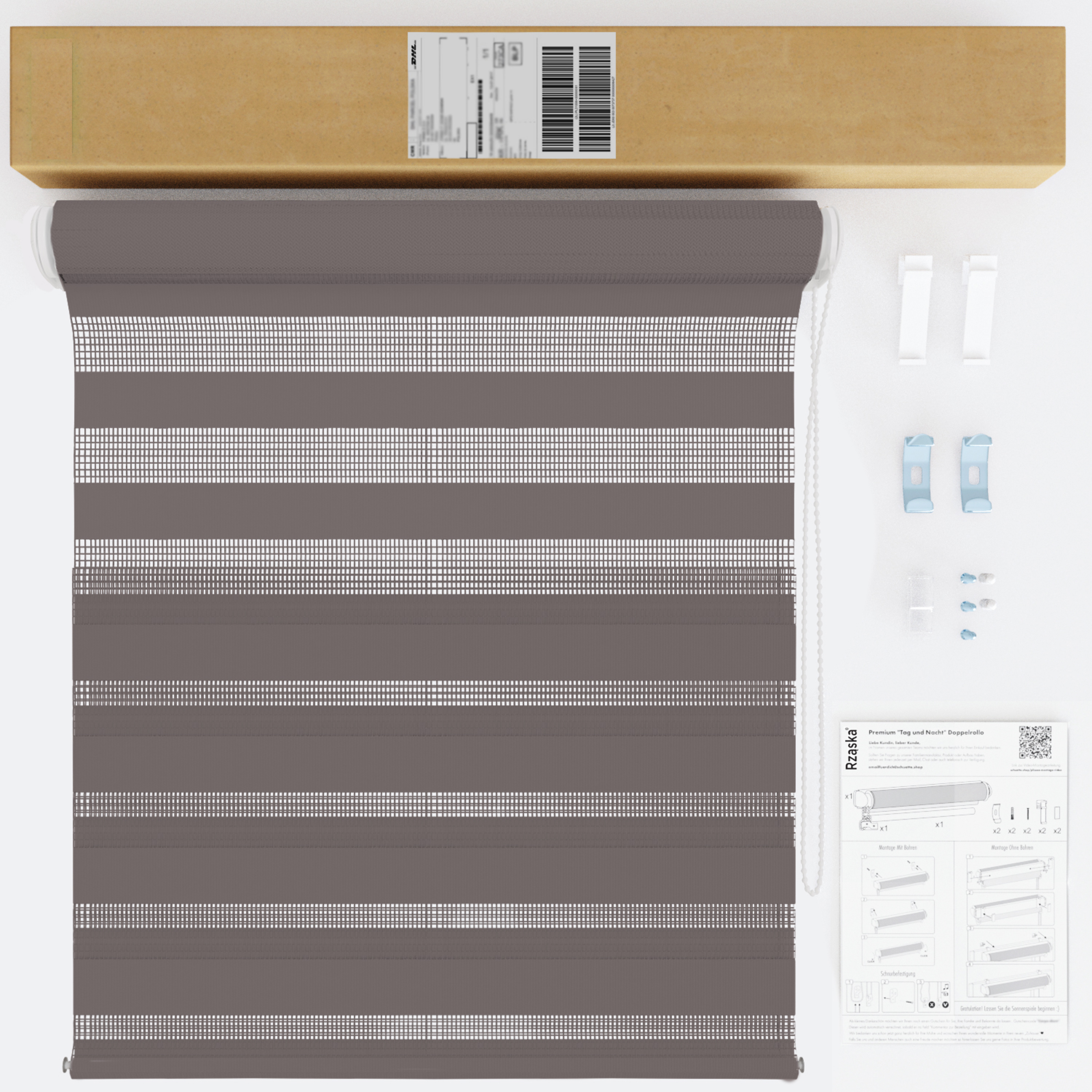 Nowoczesne rolety Rząska® na wymiar, kolekcja Dzień i Noc, uchwyty bezinwazyjne i inwazyjne 2w1 w kolorze Szary ołów, szarym z profilem białym.