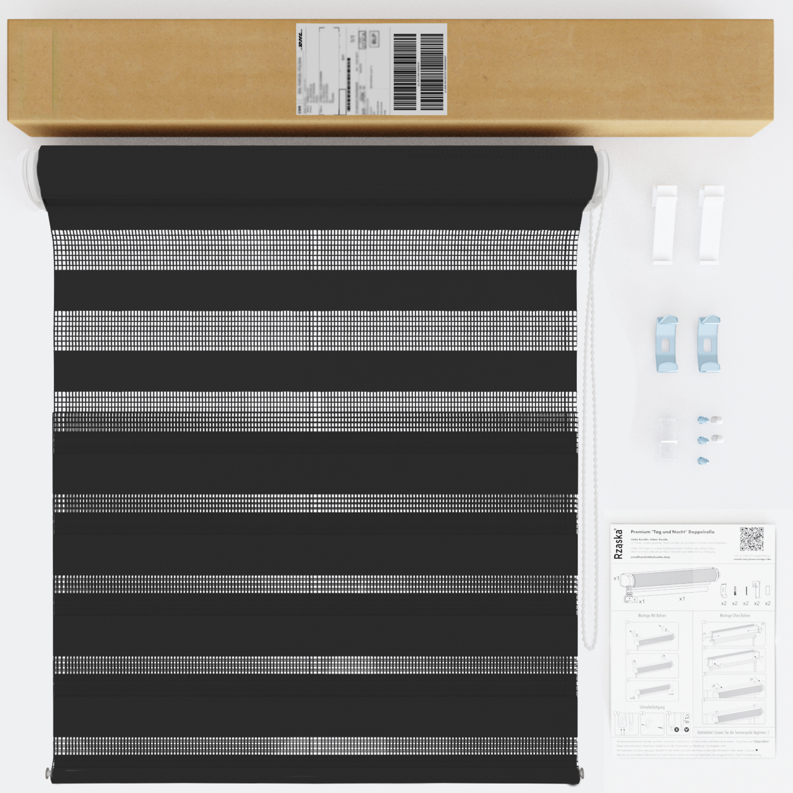 Nowoczesne rolety Rząska® na wymiar, kolekcja Dzień i Noc, uchwyty bezinwazyjne i inwazyjne 2w1 w kolorze Czarna flaga, czarnym z profilem białym.