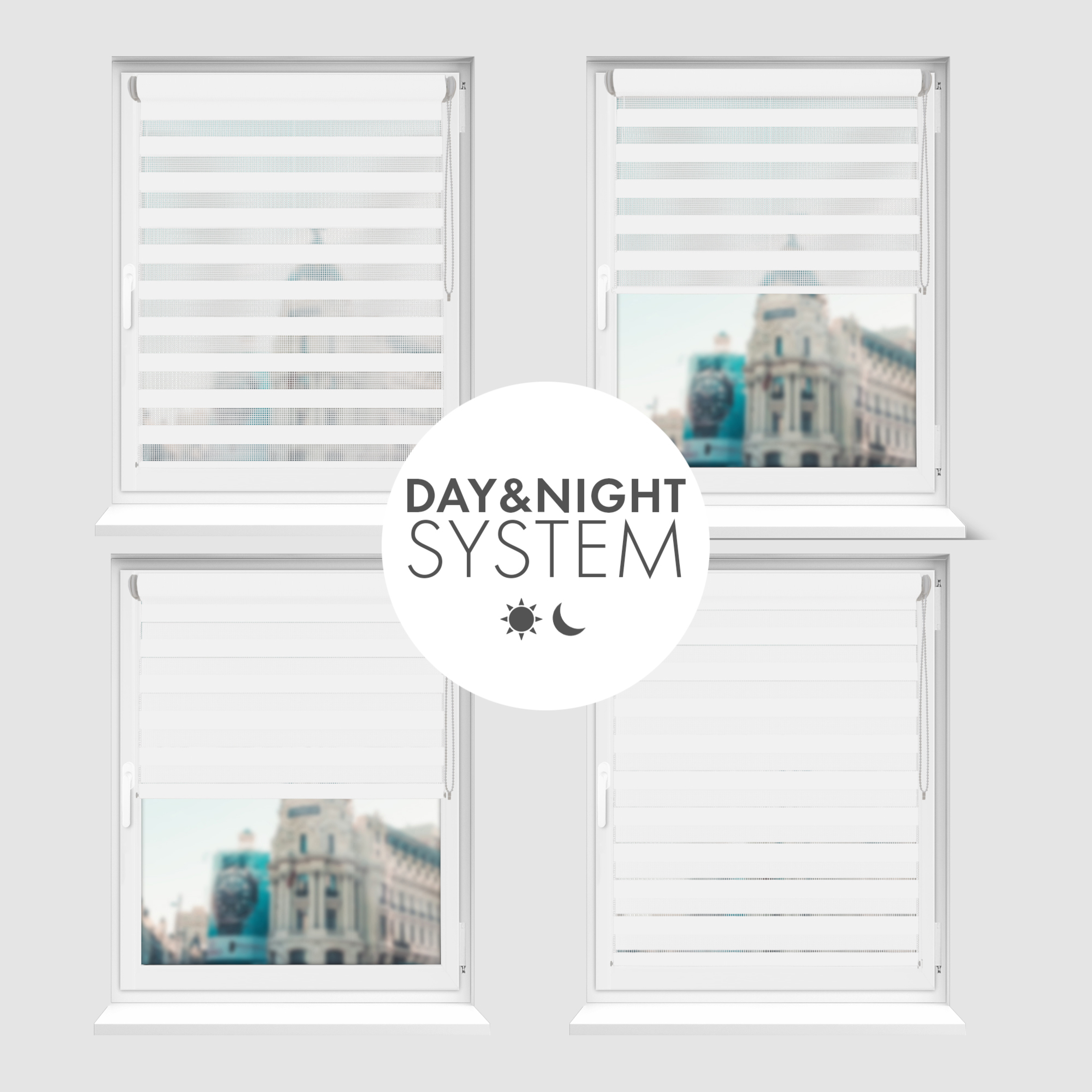 Nowoczesne rolety Rząska® na wymiar, kolekcja Dzień i Noc, uchwyty bezinwazyjne i inwazyjne 2w1 w kolorze Biały śnieg, białym z profilem białym.