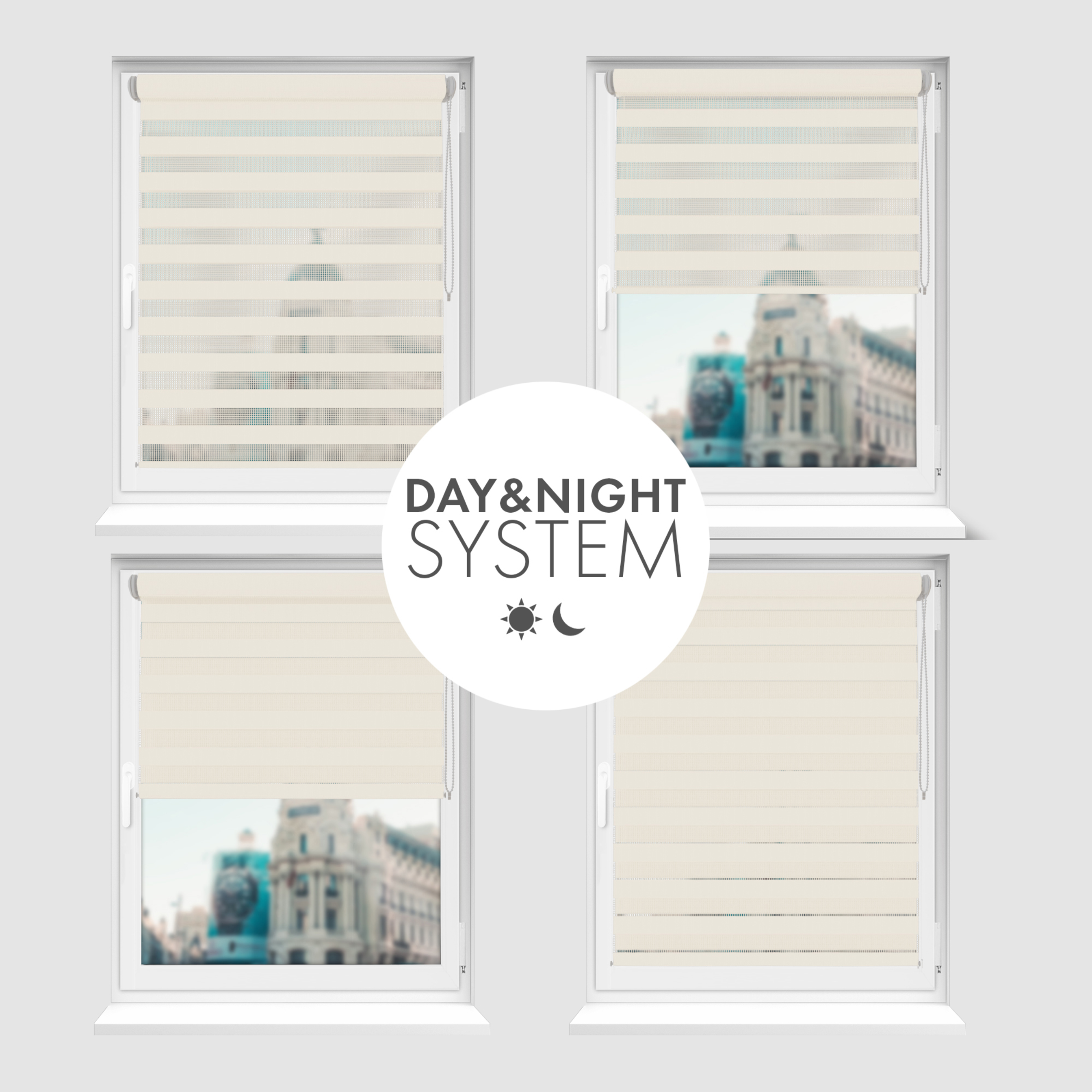 Nowoczesne rolety Rząska® na wymiar, kolekcja Dzień i Noc, uchwyty bezinwazyjne i inwazyjne 2w1 w kolorze Ciastko kremowe, beżowym z profilem szarym.