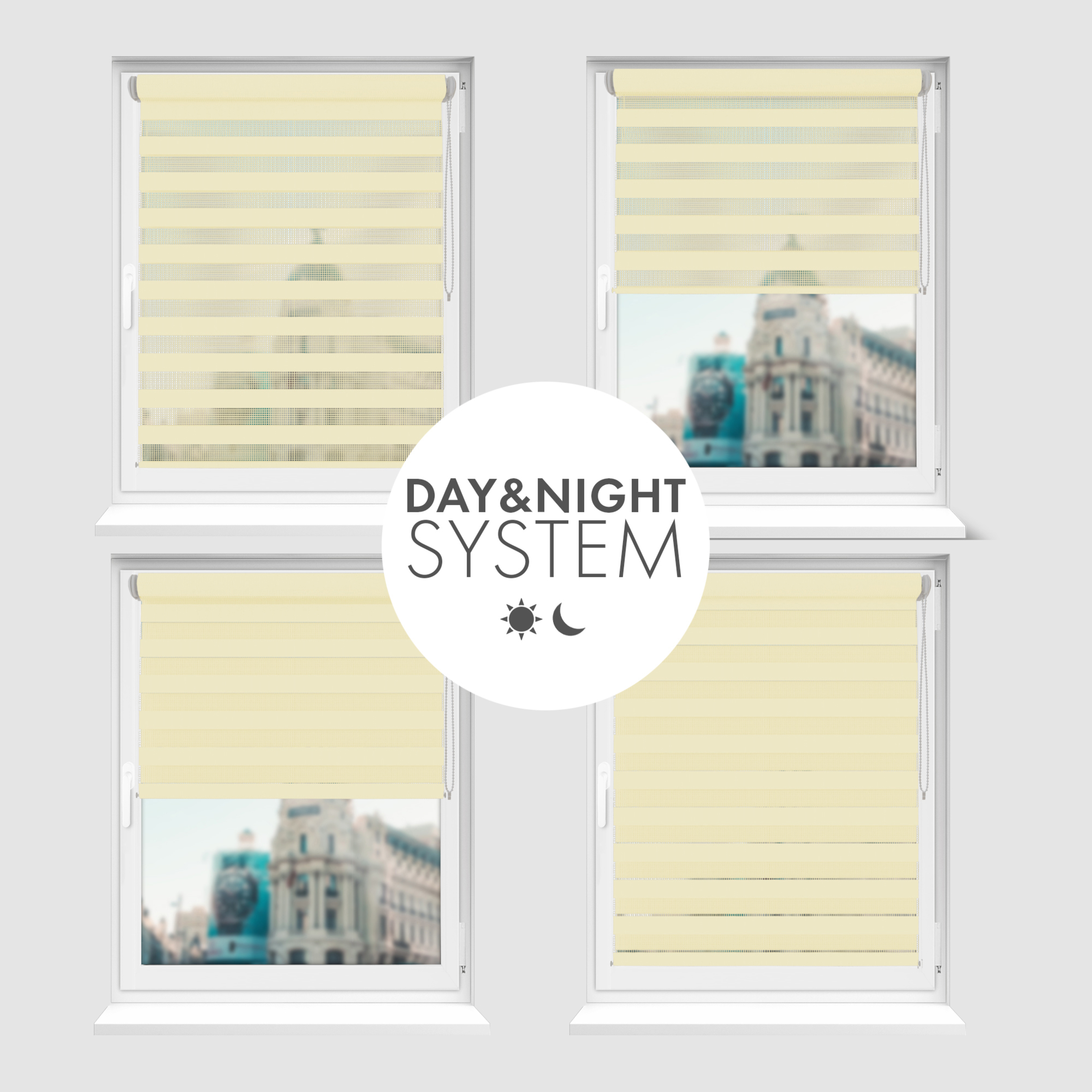 Nowoczesne rolety Rząska® na wymiar, kolekcja Dzień i Noc, uchwyty bezinwazyjne i inwazyjne 2w1 w kolorze Jasna morela, beżowym z profilem brązowym.