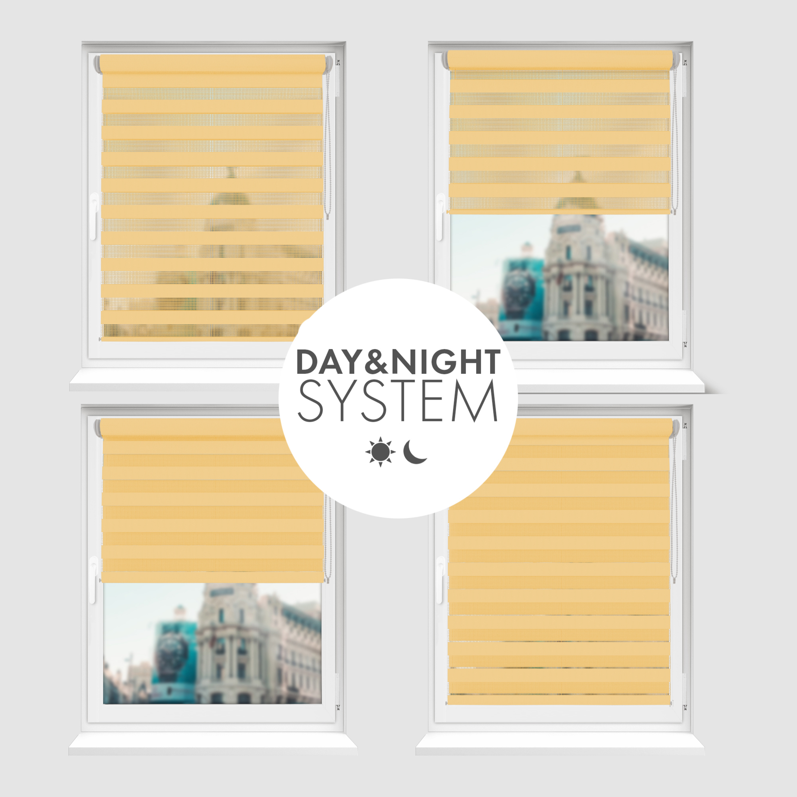 Nowoczesne rolety Rząska® na wymiar, kolekcja Dzień i Noc, uchwyty bezinwazyjne i inwazyjne 2w1 w kolorze Zamek z piasku, beżowym z profilem brązowym.