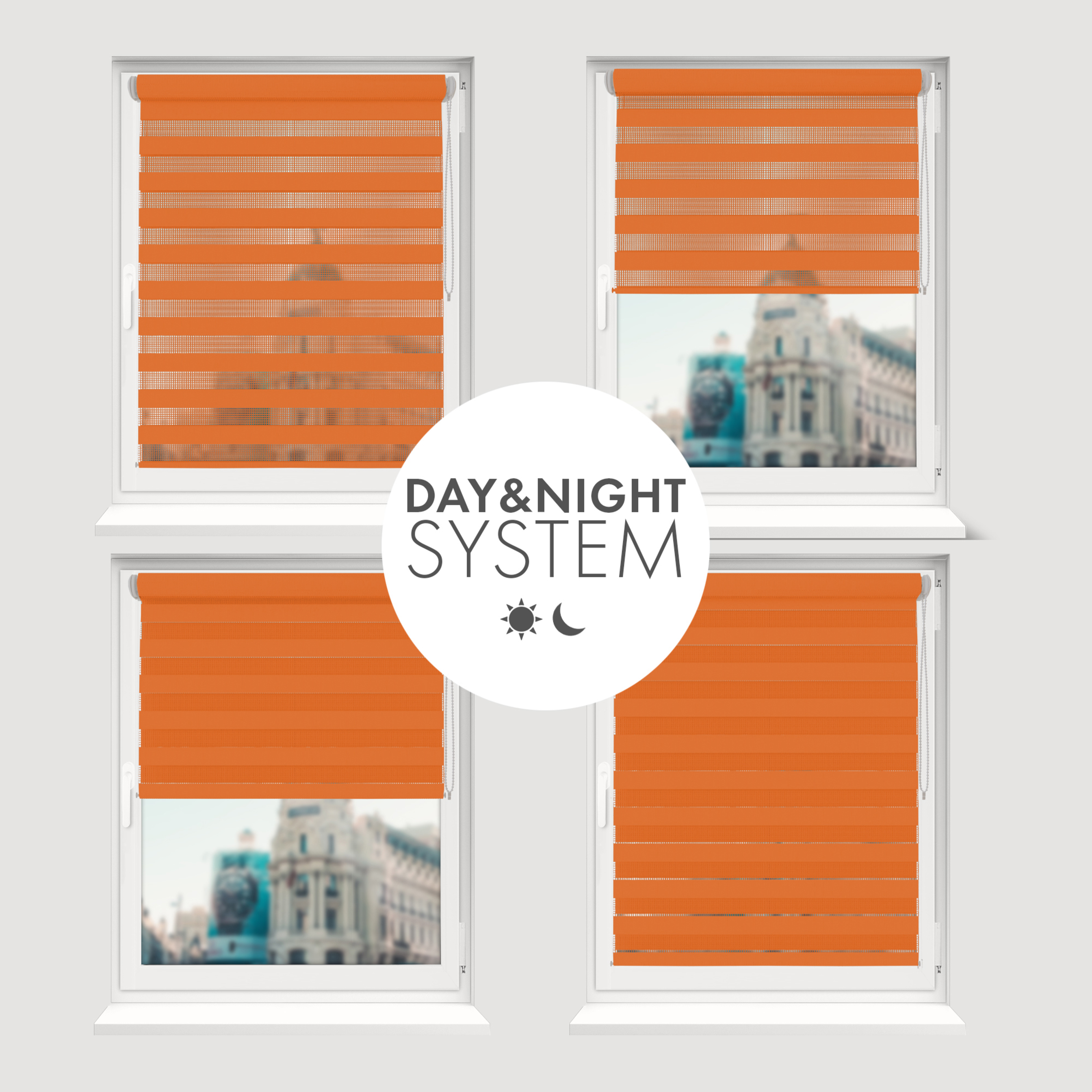 Nowoczesne rolety Rząska® na wymiar, kolekcja Dzień i Noc, uchwyty bezinwazyjne i inwazyjne 2w1 w kolorze Słodka pomarańcza, pomarańczowym z profilem białym.