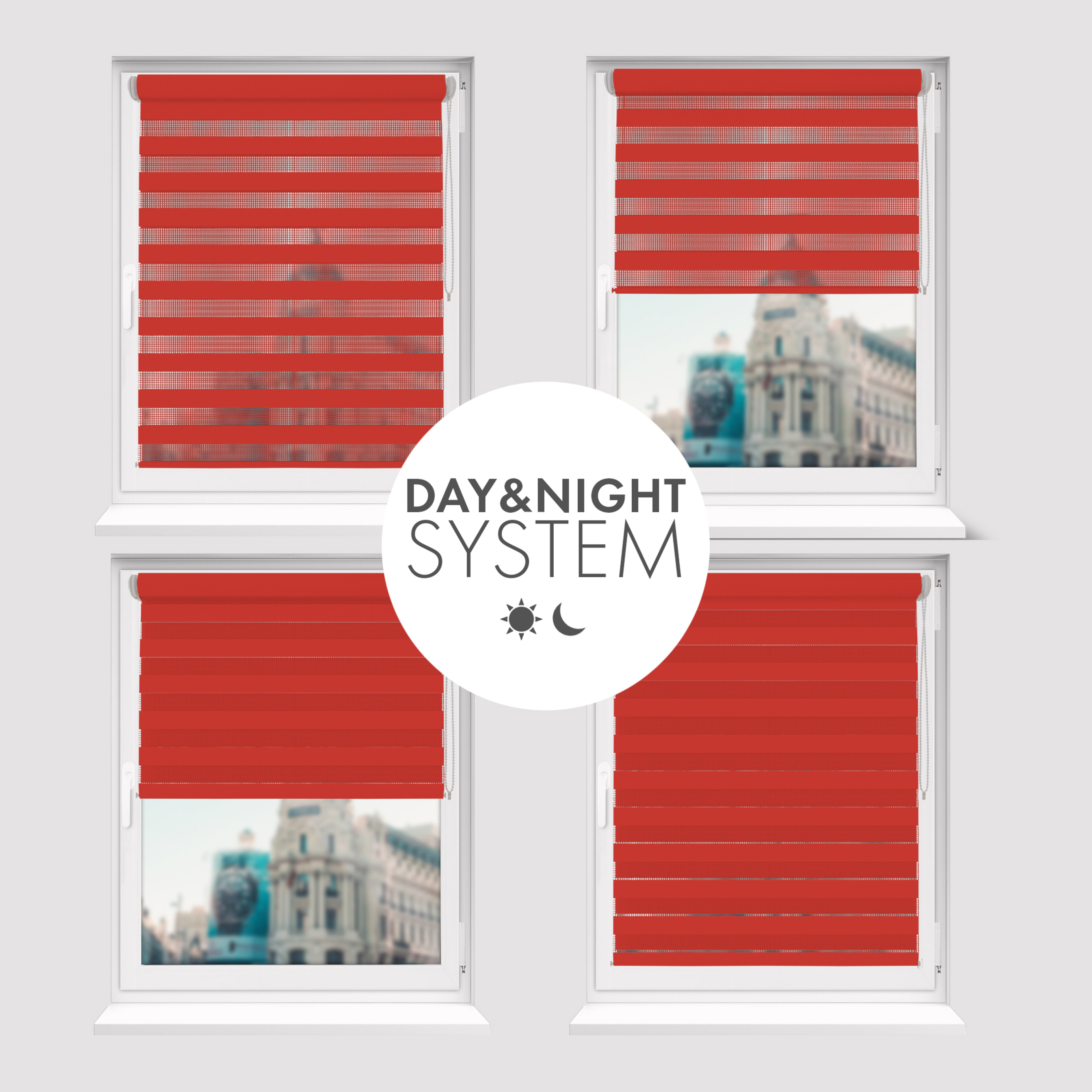 Nowoczesne rolety Rząska® na wymiar, kolekcja Dzień i Noc, uchwyty bezinwazyjne i inwazyjne 2w1 w kolorze Czerwona róża, czerwonym z profilem brązowym.