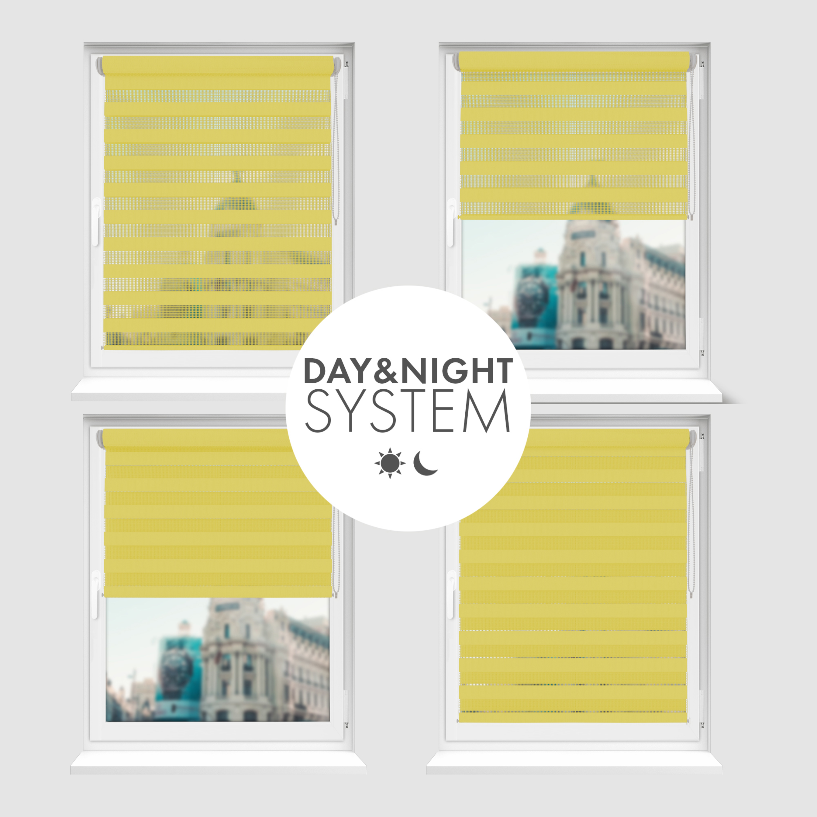 Nowoczesne rolety Rząska® na wymiar, kolekcja Dzień i Noc, uchwyty bezinwazyjne i inwazyjne 2w1 w kolorze Kwańna Limonka, żółtym z profilem białym.