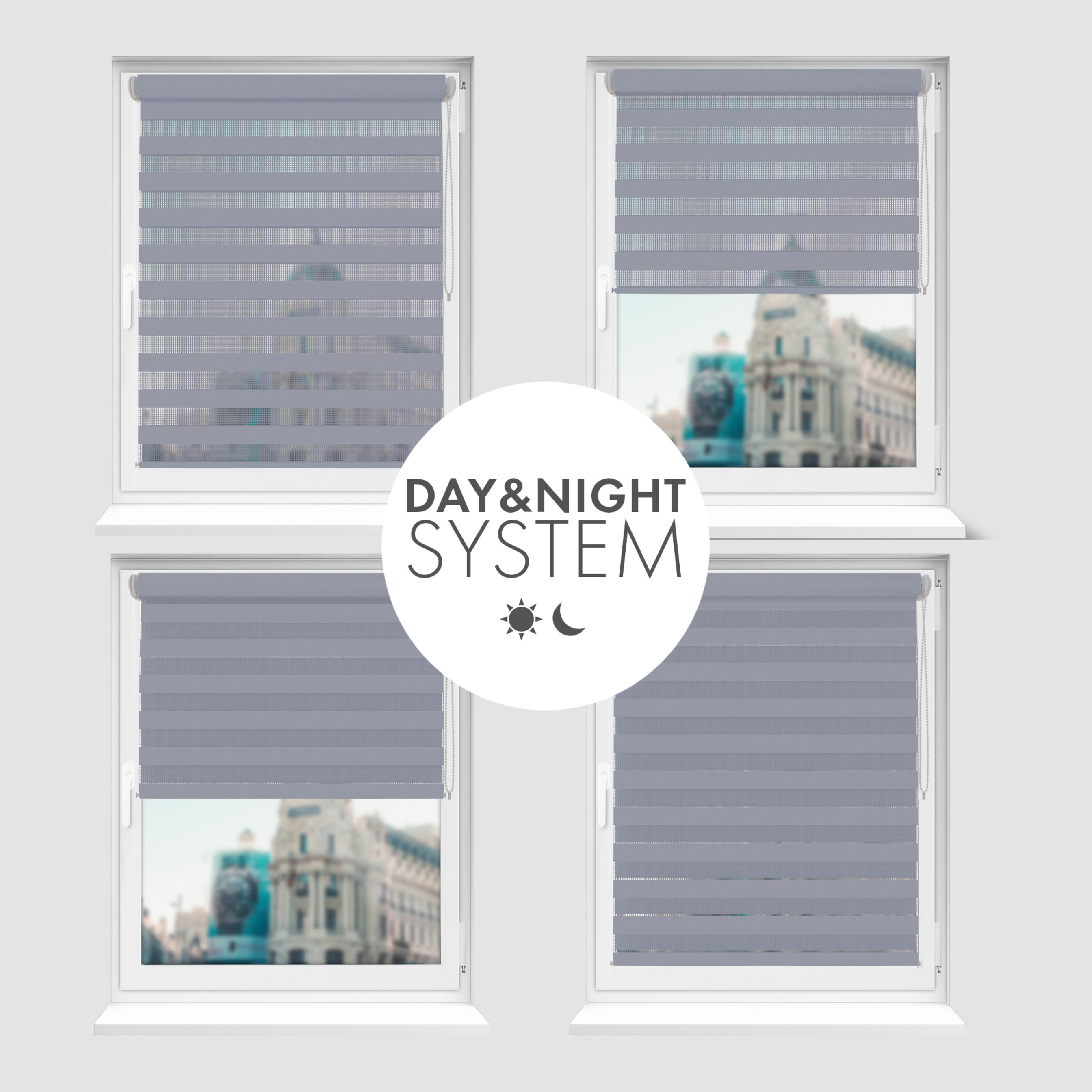 Nowoczesne rolety Rząska® na wymiar, kolekcja Dzień i Noc, uchwyty bezinwazyjne i inwazyjne 2w1 w kolorze Kwitnący irys, fioletowym z profilem białym.