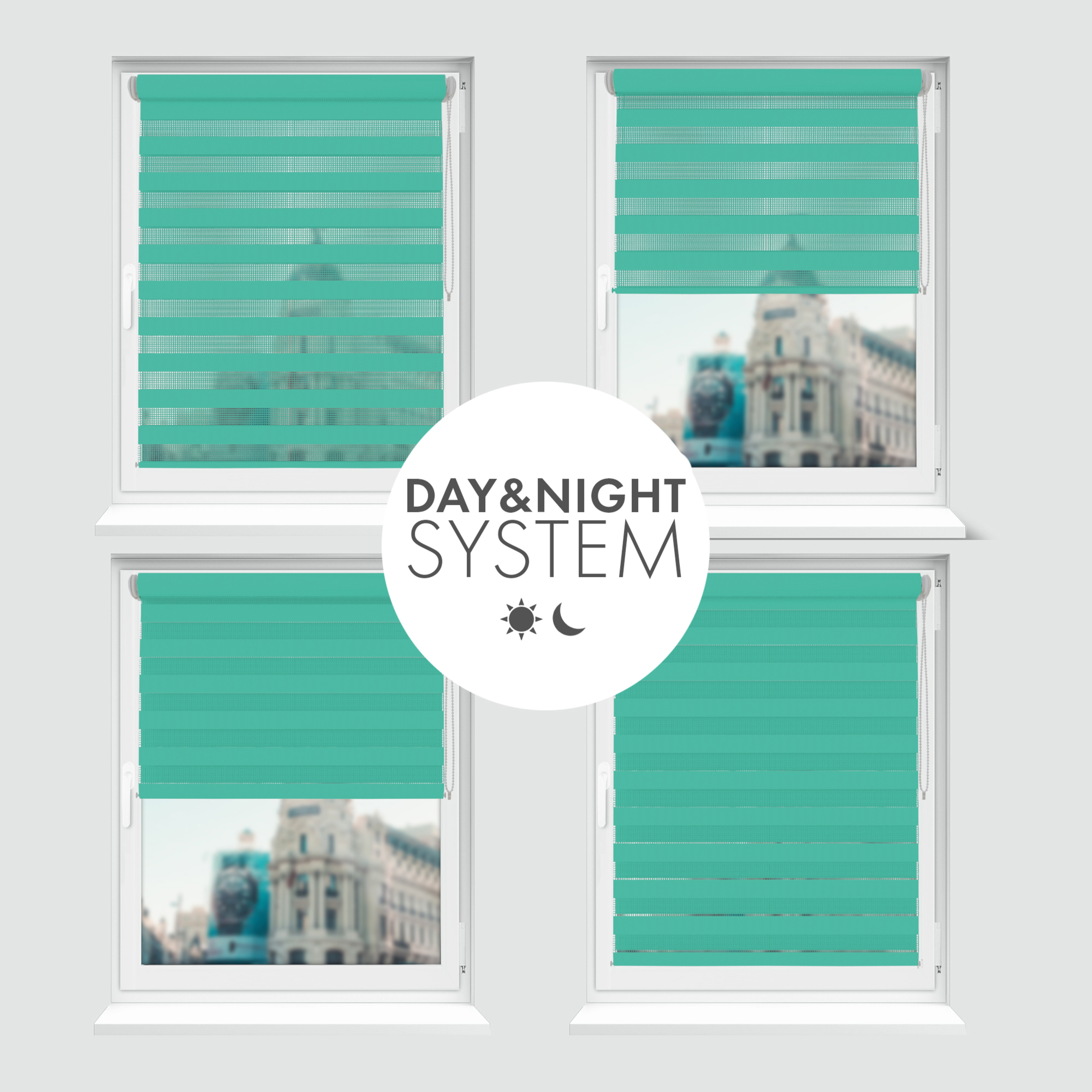 Nowoczesne rolety Rząska® na wymiar, kolekcja Dzień i Noc, uchwyty bezinwazyjne i inwazyjne 2w1 w kolorze Morskie oko, różowym z profilem białym.