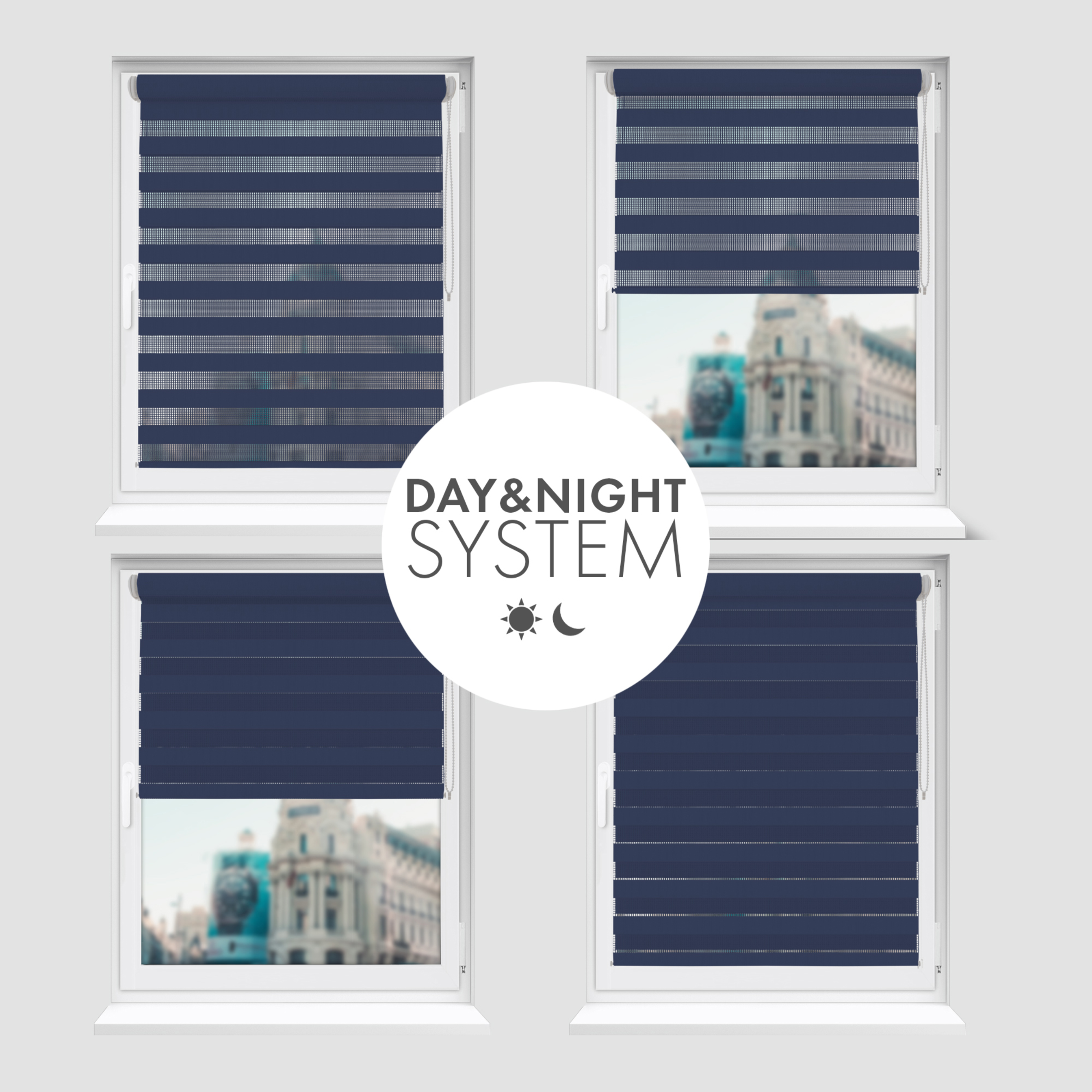 Nowoczesne rolety Rząska® na wymiar, kolekcja Dzień i Noc, uchwyty bezinwazyjne i inwazyjne 2w1 w kolorze Lazurowe wybrzeże, ciemnoniebieskim z profilem białym.