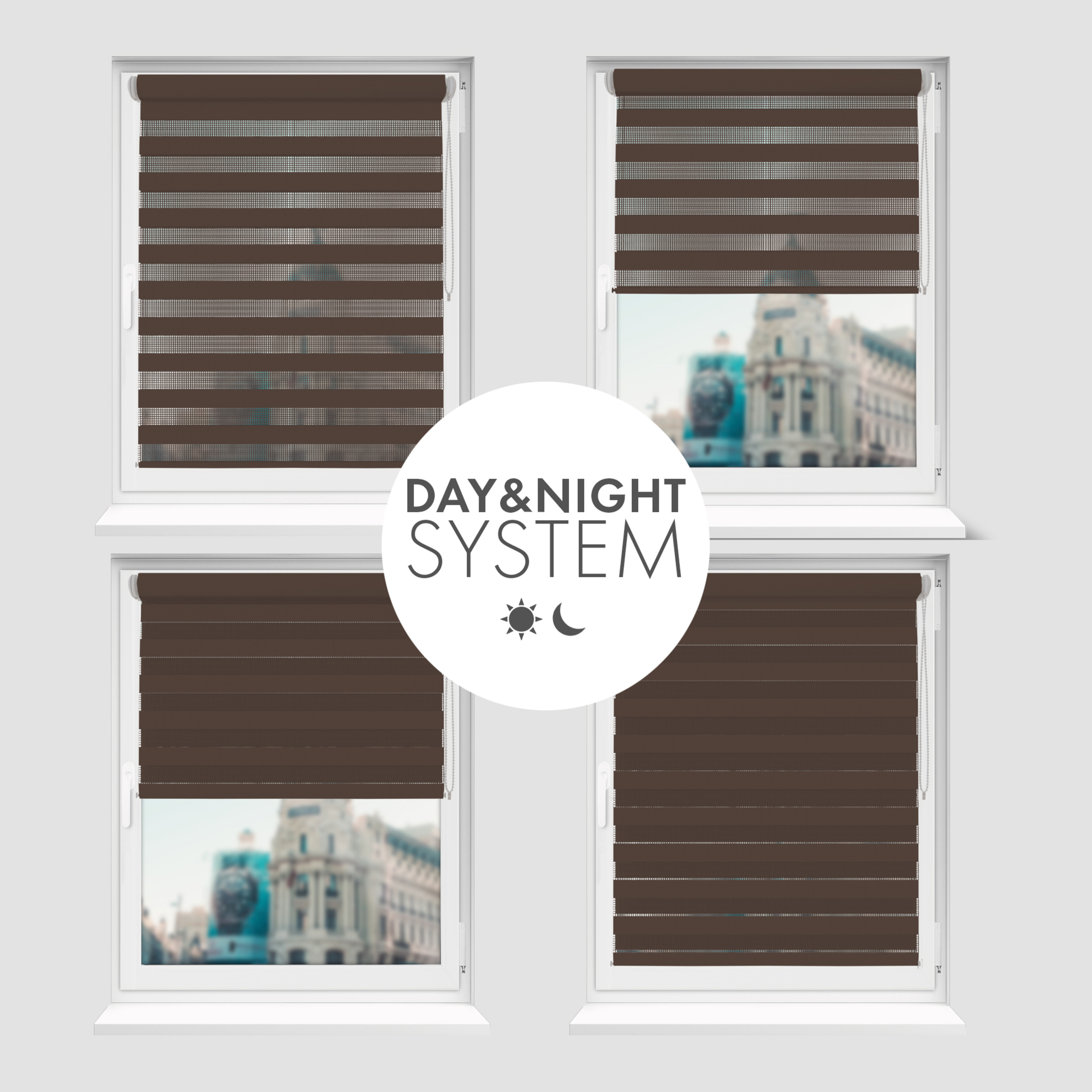 Nowoczesne rolety Rząska® na wymiar, kolekcja Dzień i Noc, uchwyty bezinwazyjne i inwazyjne 2w1 w kolorze Ciemna czekolada, brązowym z profilem białym.