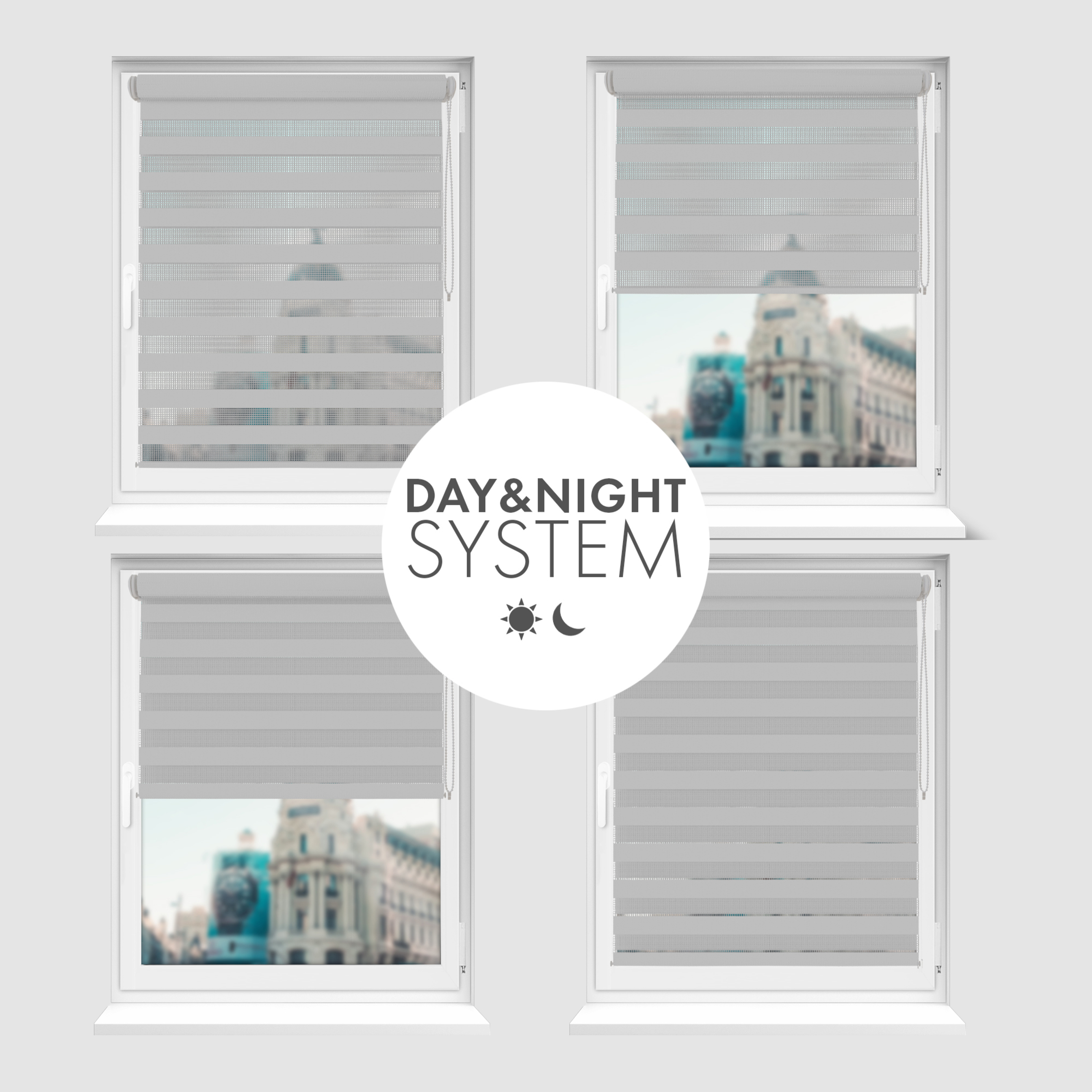 Nowoczesne rolety Rząska® na wymiar, kolekcja Dzień i Noc, uchwyty bezinwazyjne i inwazyjne 2w1 w kolorze Pochmurny dzień, szarym z profilem białym.