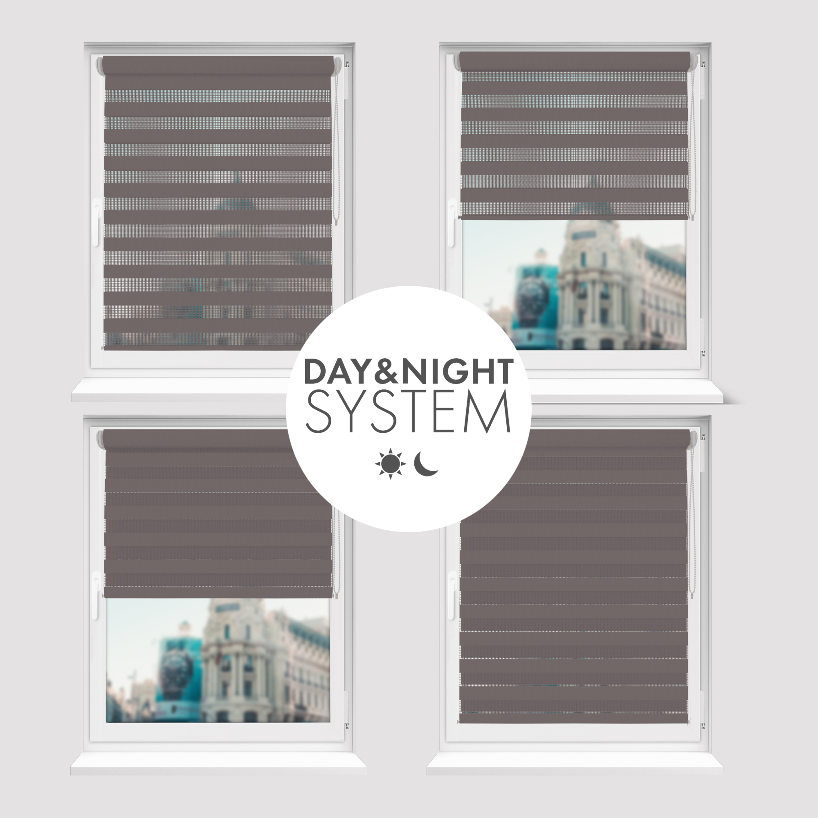 Nowoczesne rolety Rząska® na wymiar, kolekcja Dzień i Noc, uchwyty bezinwazyjne i inwazyjne 2w1 w kolorze Szary ołów, szarym z profilem białym.