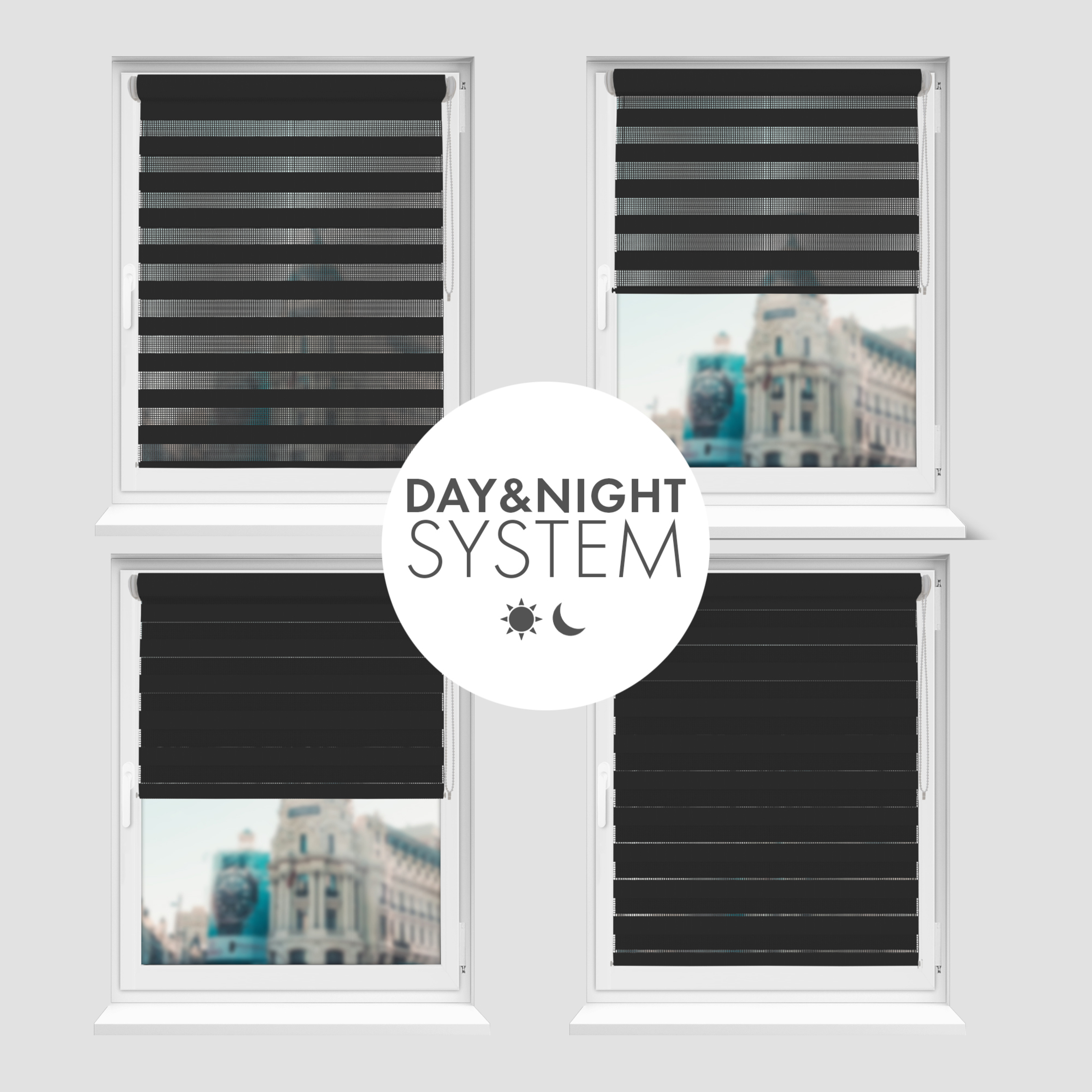 Nowoczesne rolety Rząska® na wymiar, kolekcja Dzień i Noc, uchwyty bezinwazyjne i inwazyjne 2w1 w kolorze Czarna flaga, czarnym z profilem białym.