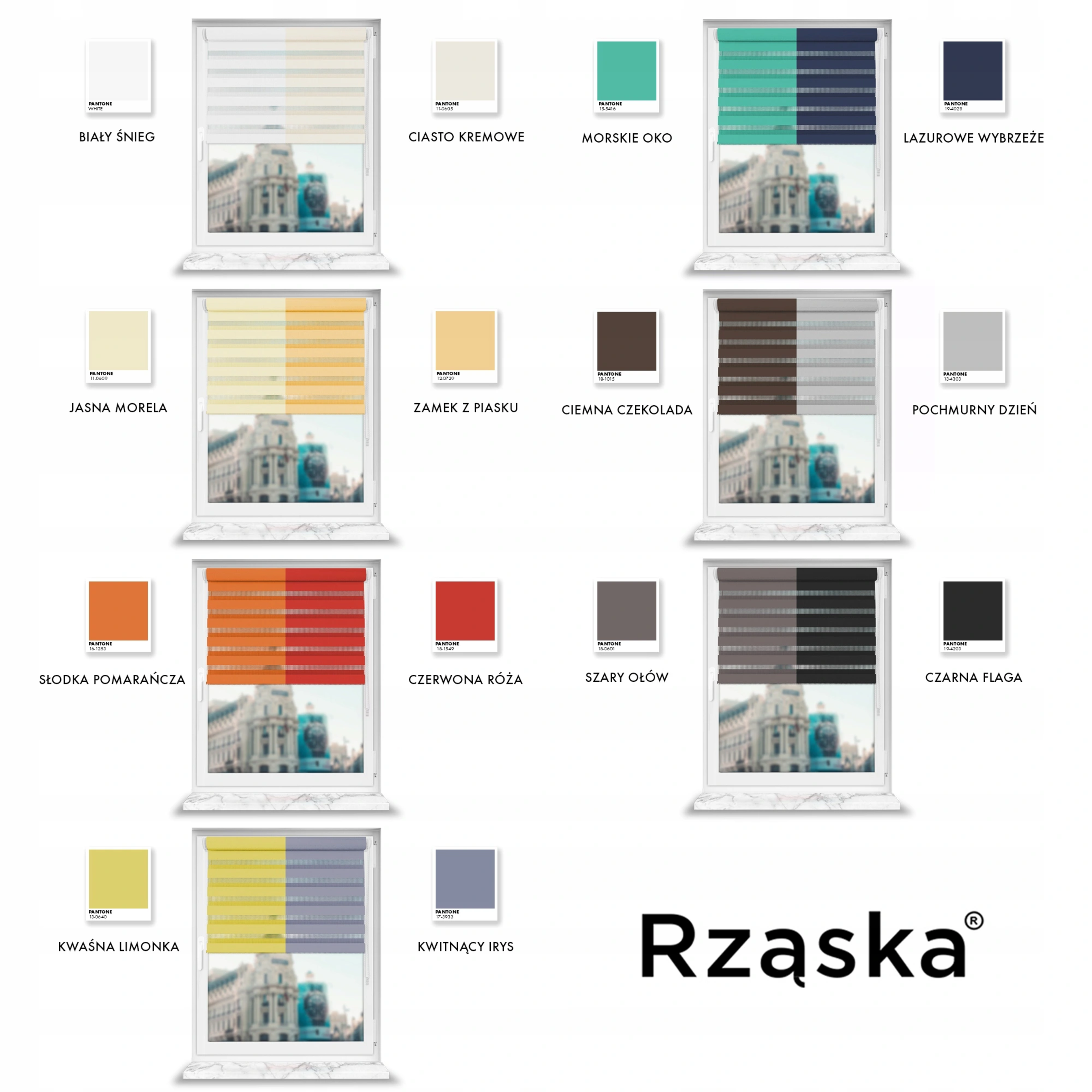 Nowoczesne rolety Rząska® na wymiar, kolekcja Dzień i Noc, uchwyty bezinwazyjne i inwazyjne 2w1 w kolorze Pochmurny dzień, szarym z profilem białym.