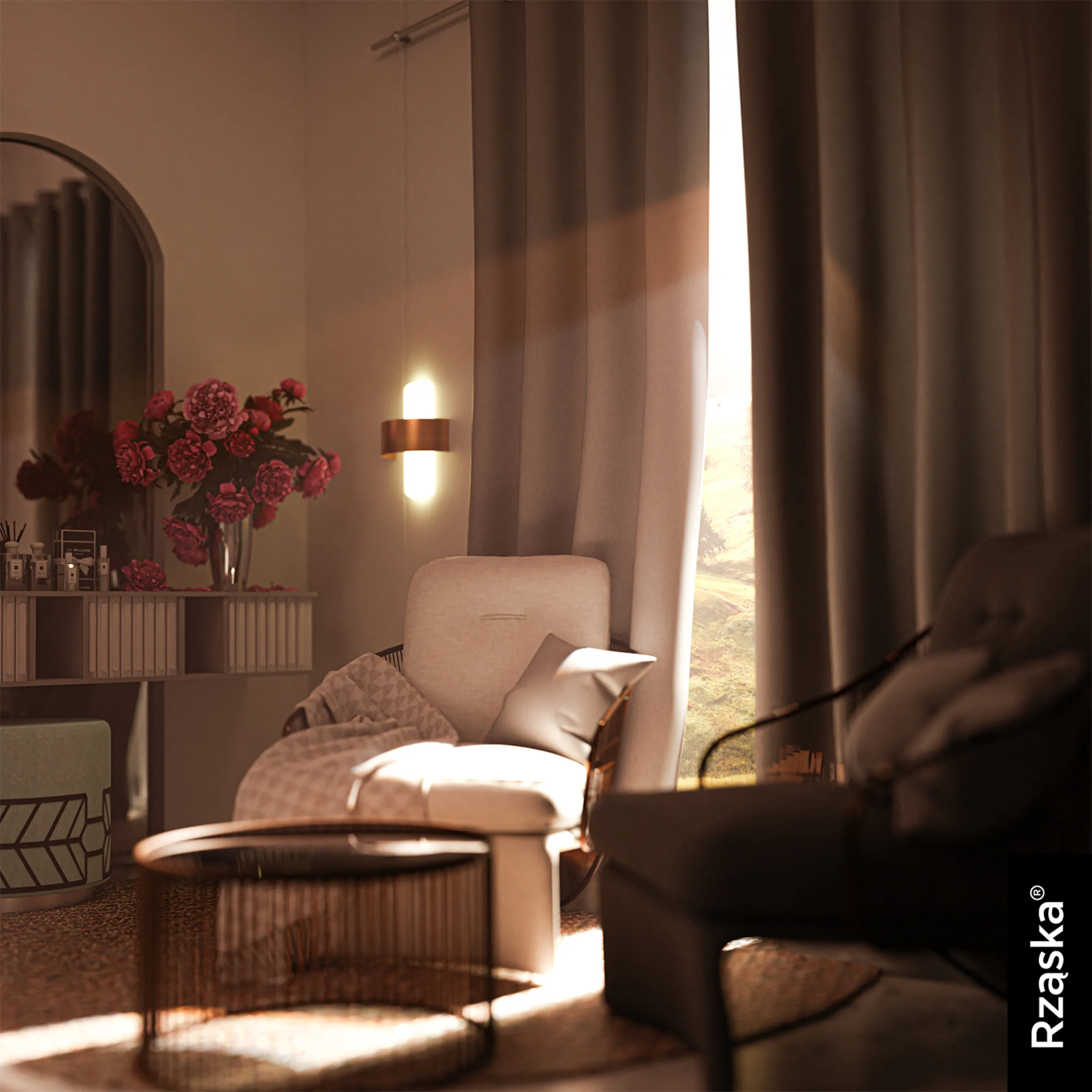 Zasłony zaciemniające Rząska® na przelotkach z kolekcji Century Black, łatwe w pielęgnacji, w kolorze Tuscan Sun, beżowym.