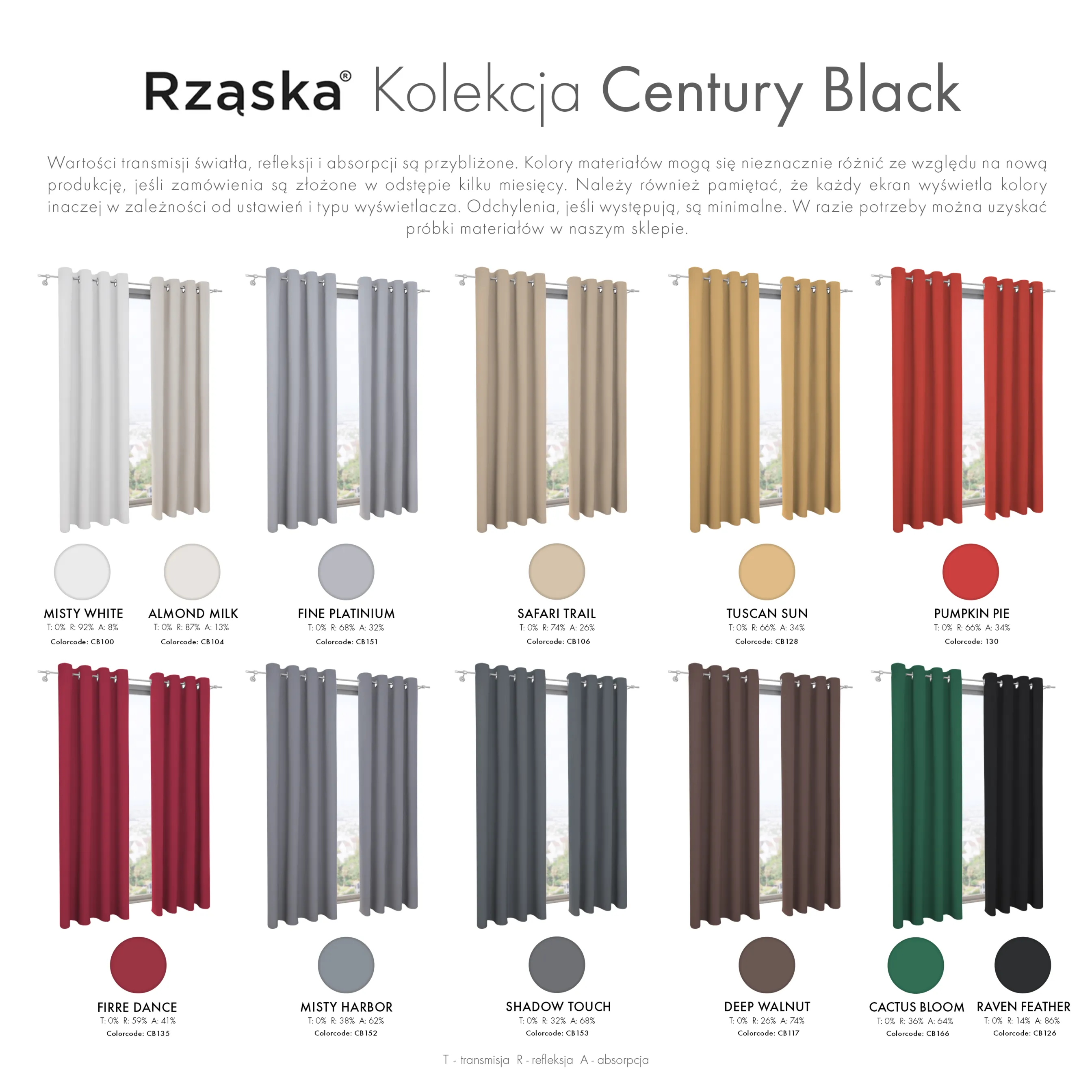 Zasłony zaciemniające Rząska® na przelotkach z kolekcji Century Black, łatwe w pielęgnacji, w kolorze Misty White, biało-szarym.