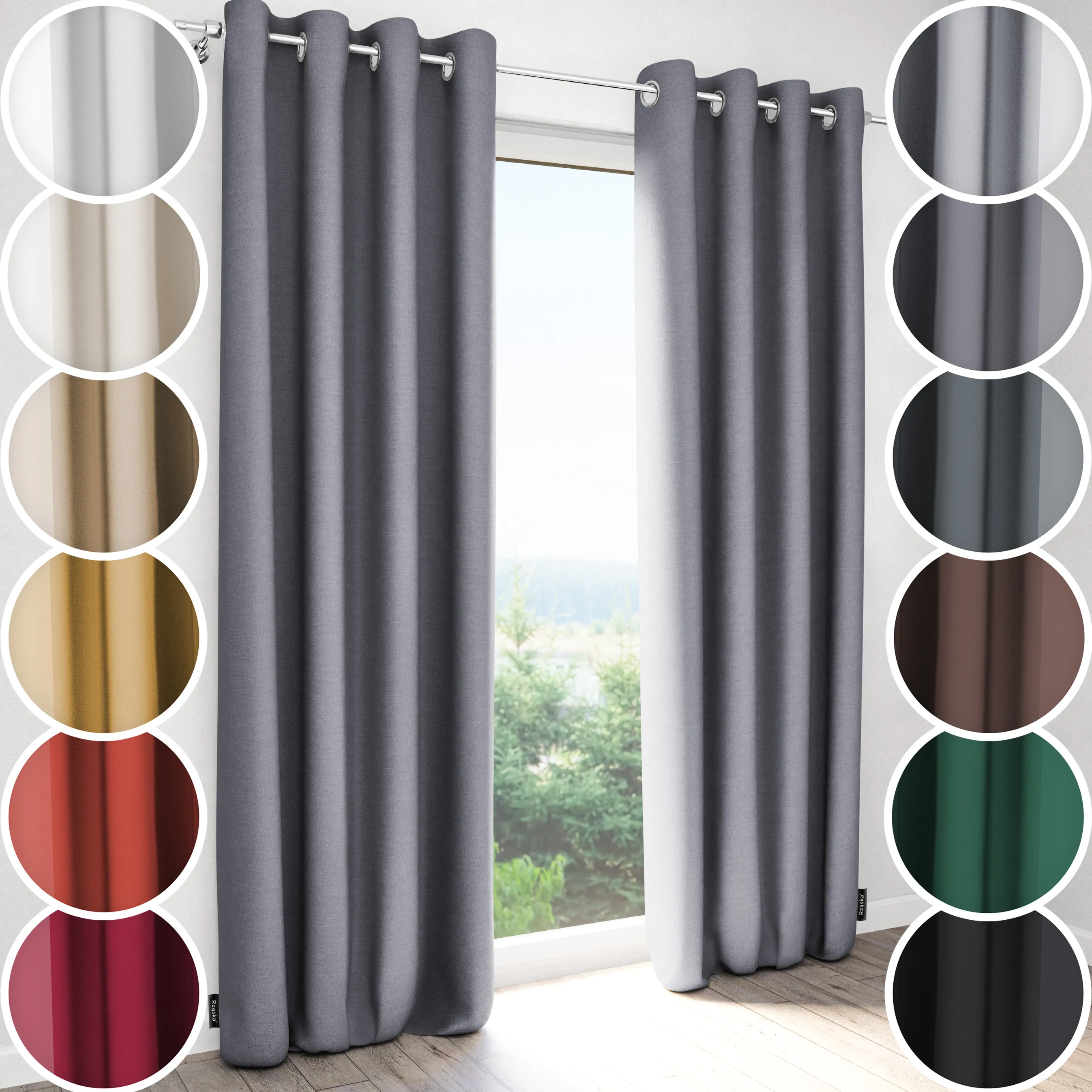 Zasłony zaciemniające Rząska® na przelotkach z kolekcji Century Black, łatwe w pielęgnacji, w kolorze Fine Platinum, szarym.