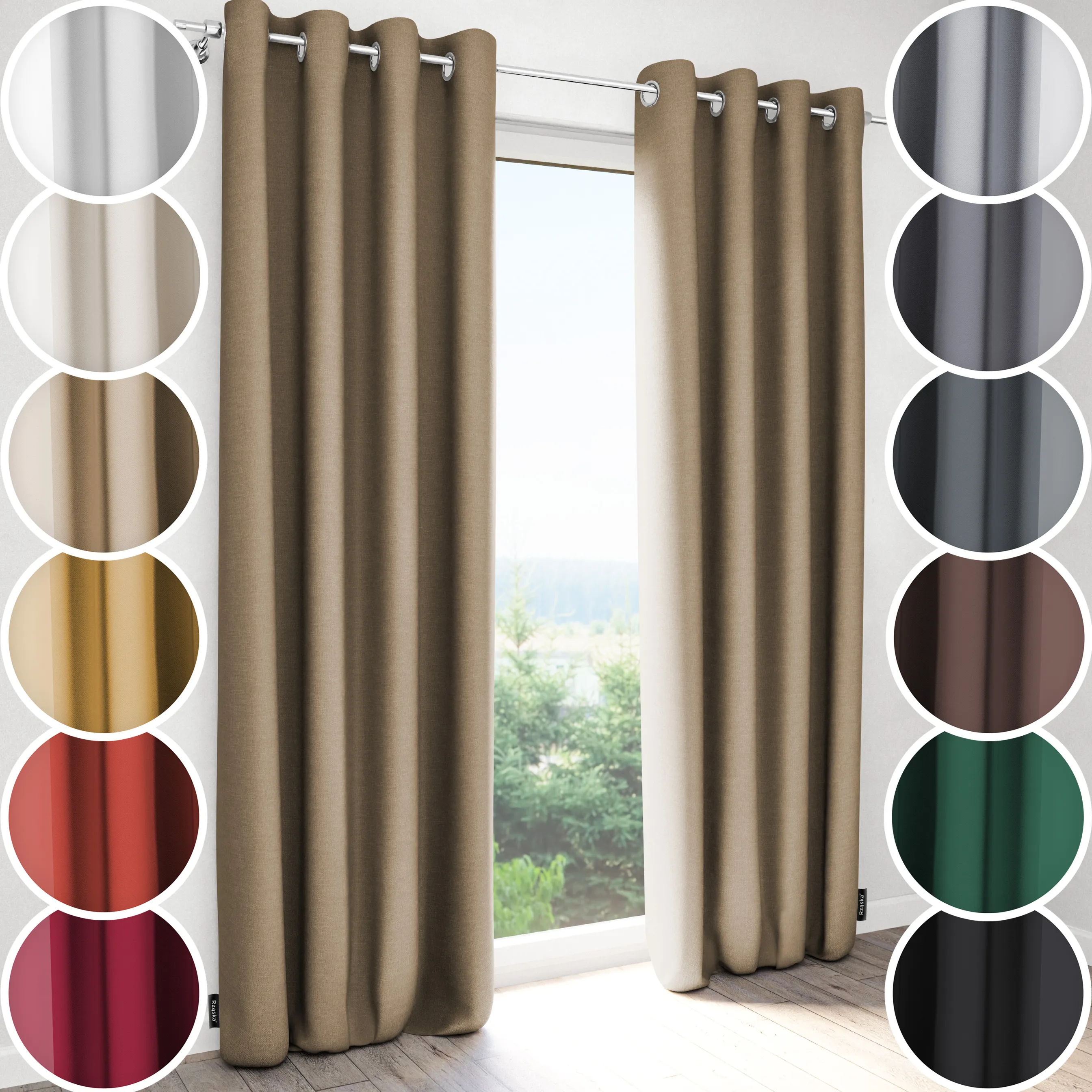 Zasłony zaciemniające Rząska® na przelotkach z kolekcji Century Black, łatwe w pielęgnacji, w kolorze Safari Trail, beżowym.