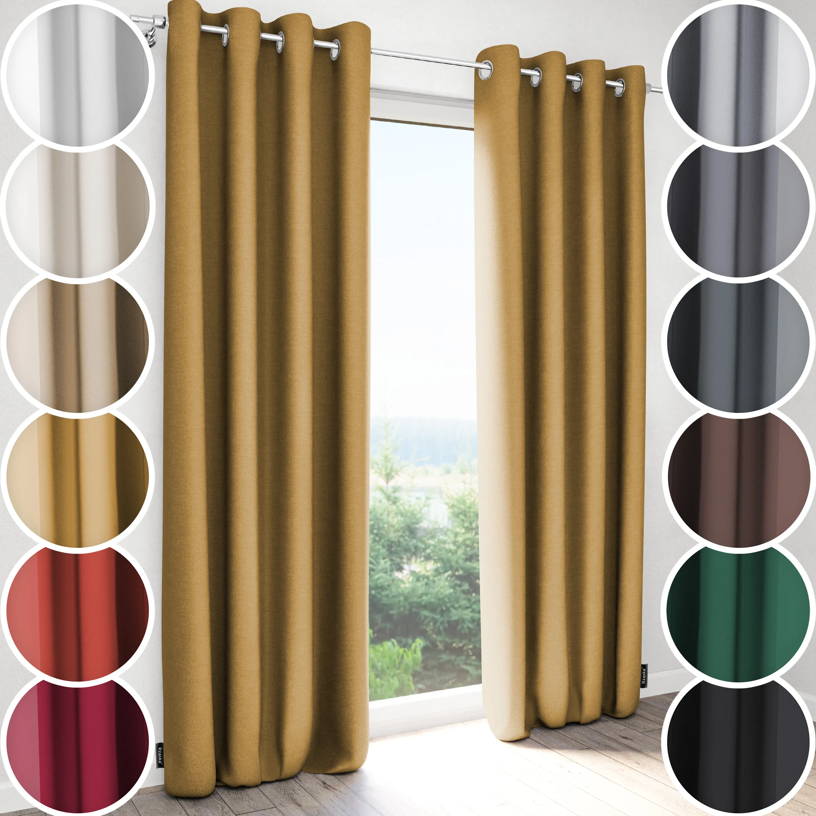 Zasłony zaciemniające Rząska® na przelotkach z kolekcji Century Black, łatwe w pielęgnacji, w kolorze Tuscan Sun, beżowym.