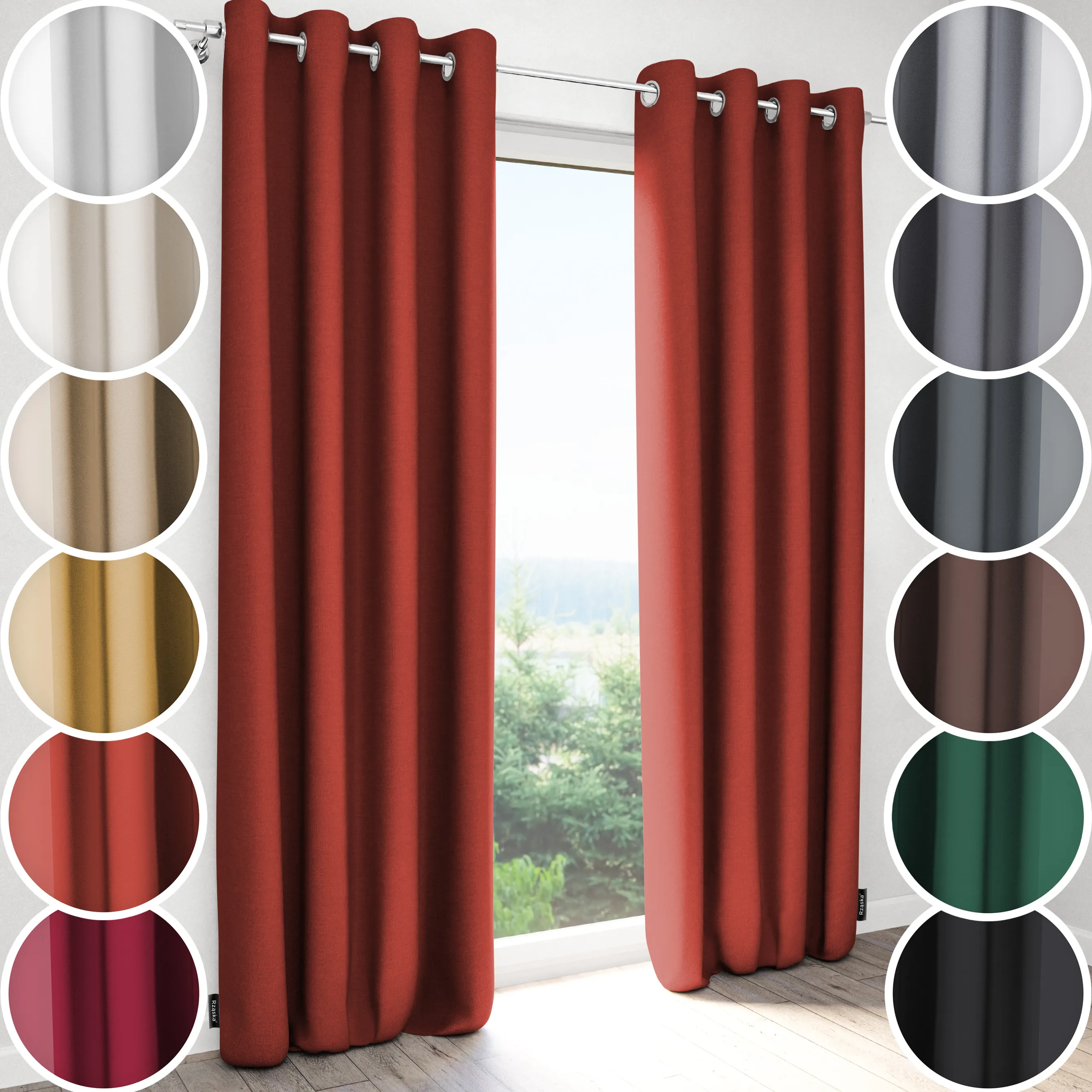 Zasłony zaciemniające Rząska® na przelotkach z kolekcji Century Black, łatwe w pielęgnacji, w kolorze Pumpkin Pie, pomarańczowym.