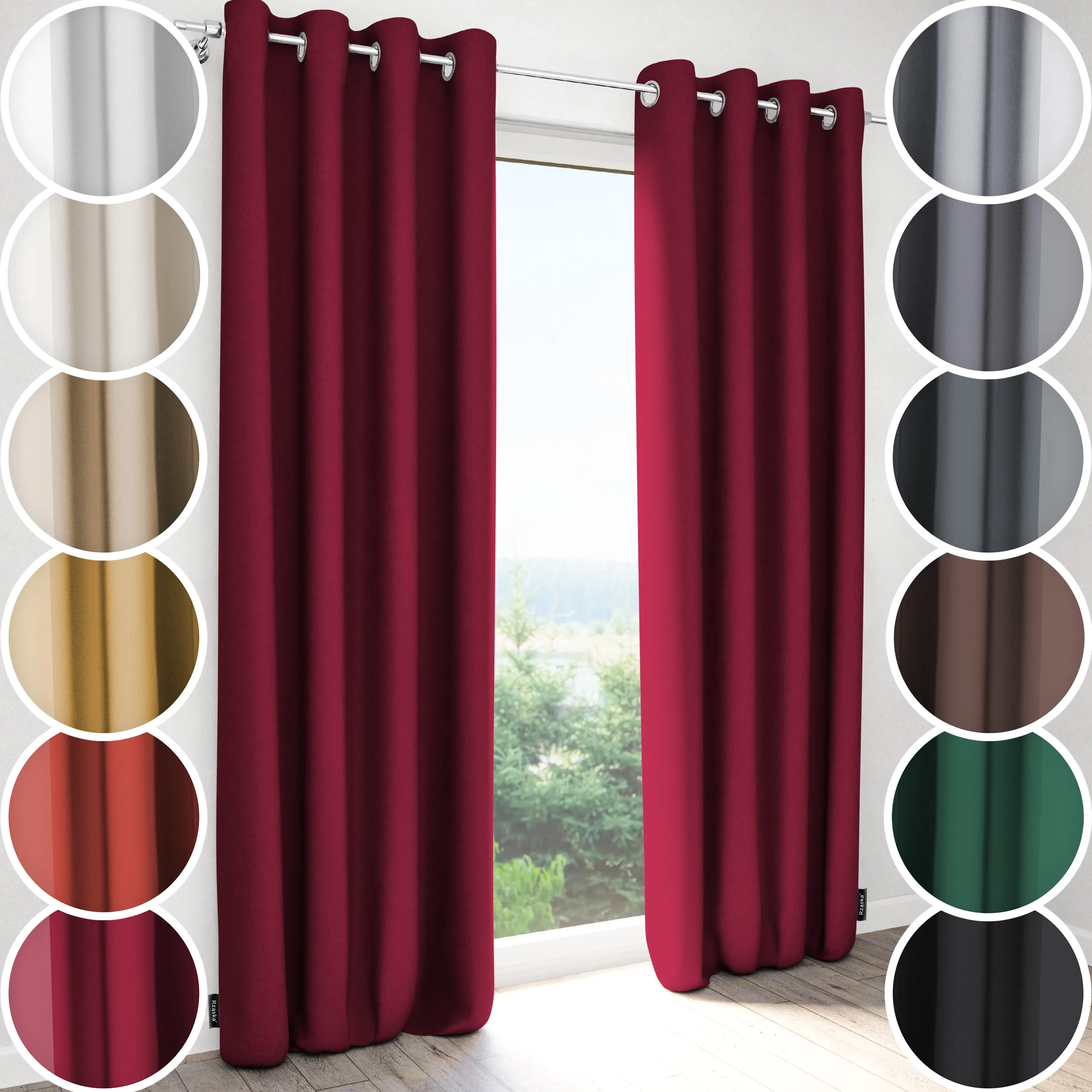 Zasłony zaciemniające Rząska® na przelotkach z kolekcji Century Black, łatwe w pielęgnacji, w kolorze Fire Dance, czerwonym.