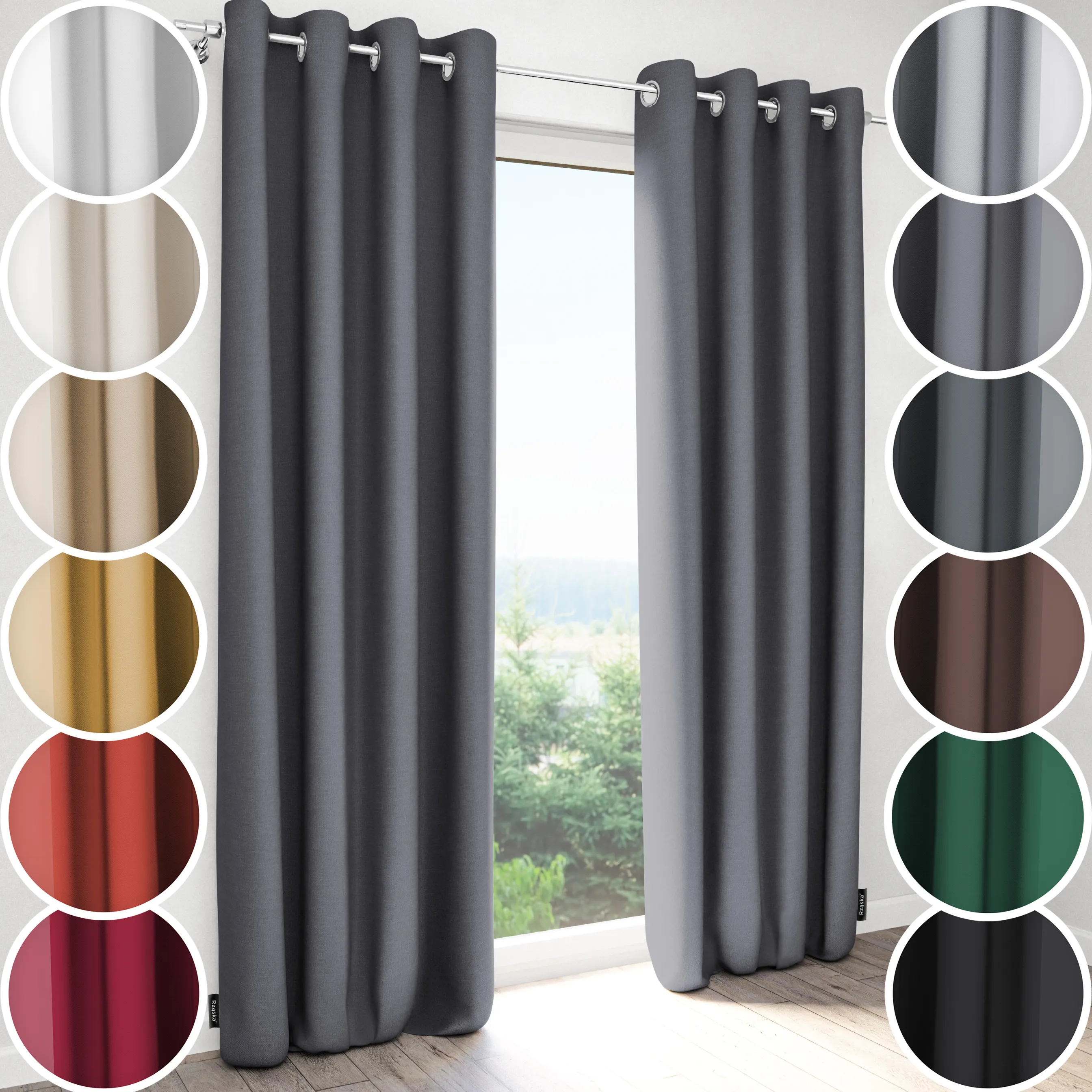 Zasłony zaciemniające Rząska® na przelotkach z kolekcji Century Black, łatwe w pielęgnacji, w kolorze Misty Harbor, szarym.