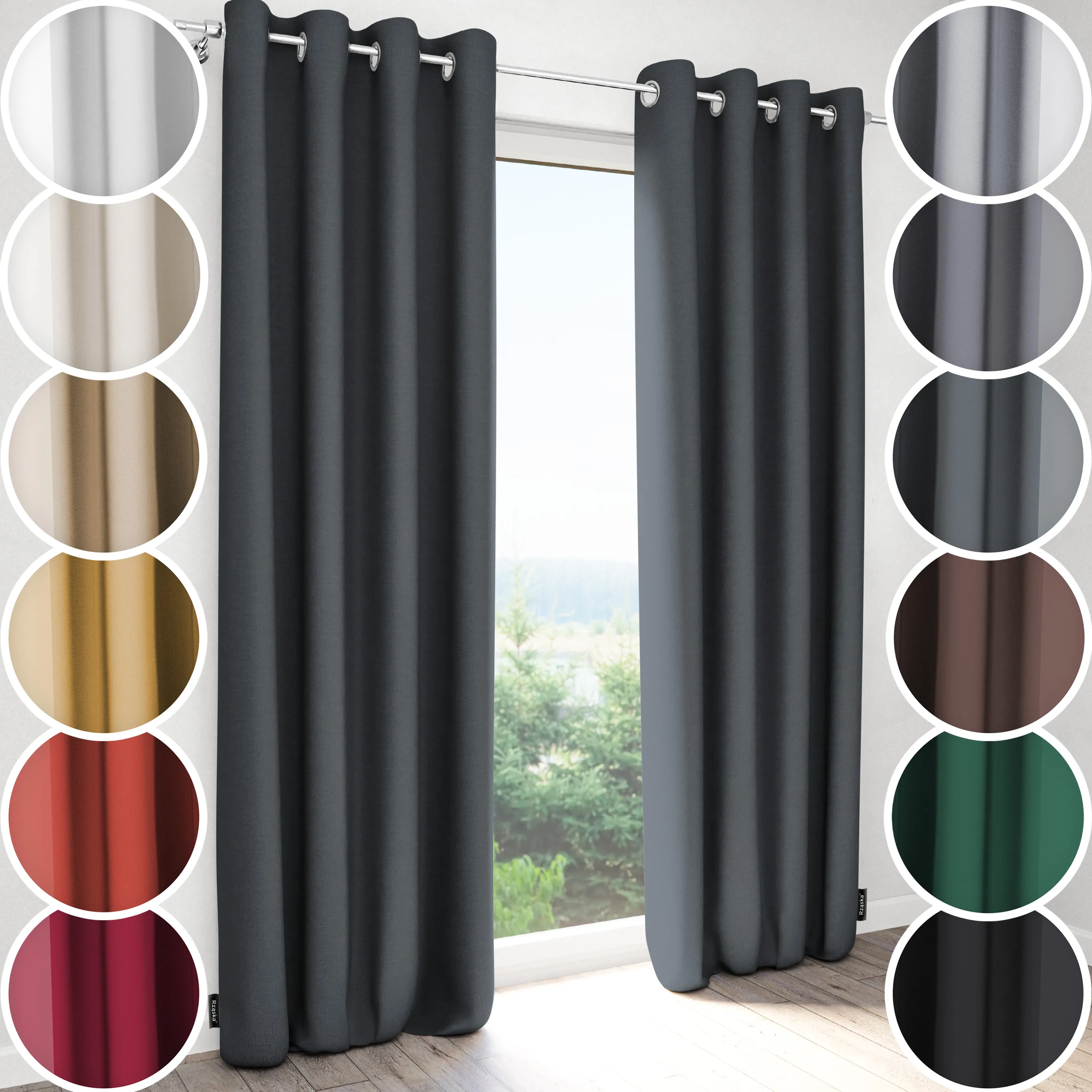 Zasłony zaciemniające Rząska® na przelotkach z kolekcji Century Black, łatwe w pielęgnacji, w kolorze Shadow Touch, szarym.