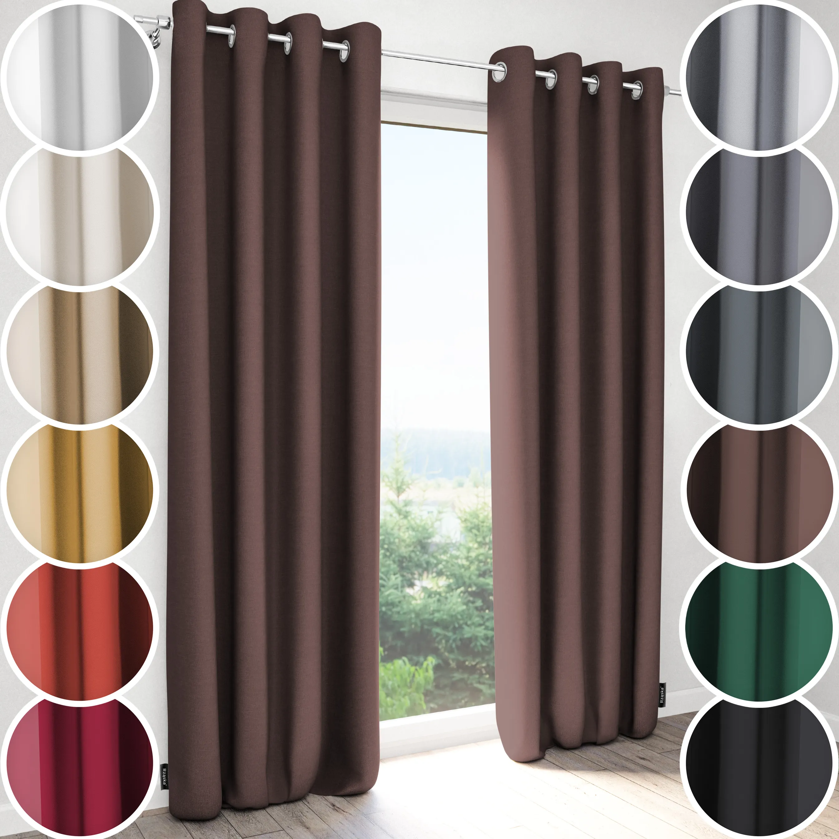 Zasłony zaciemniające Rząska® na przelotkach z kolekcji Century Black, łatwe w pielęgnacji, w kolorze Deep Walnut, brązowym.